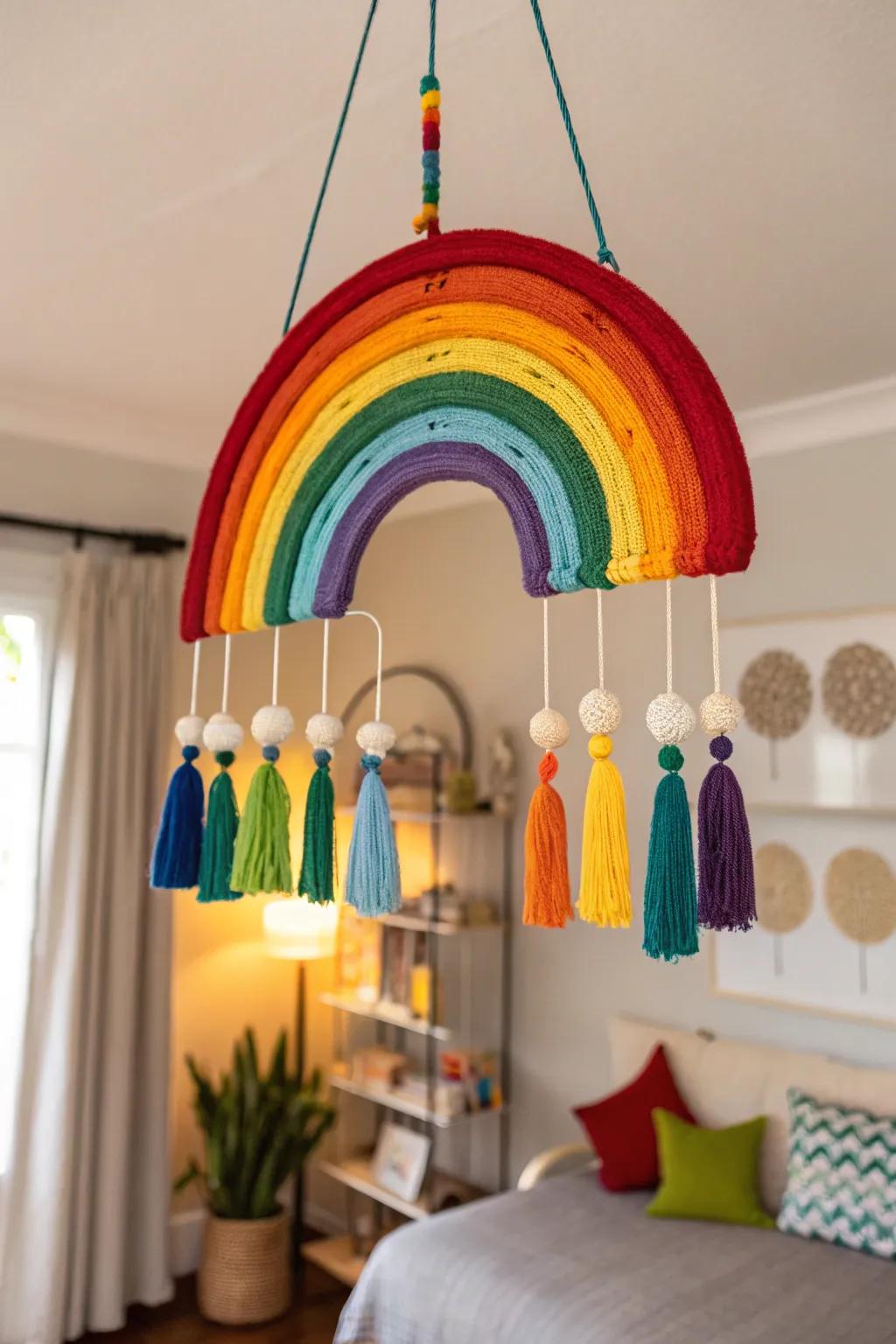 A rainbow mobile adds whimsy and movement.