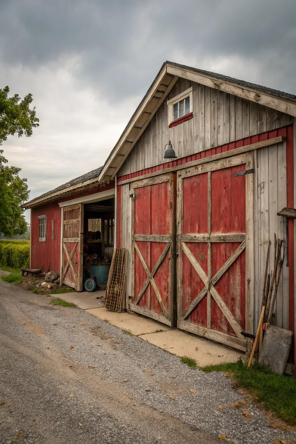 Barn-style doors add a classic touch to a rustic garage.