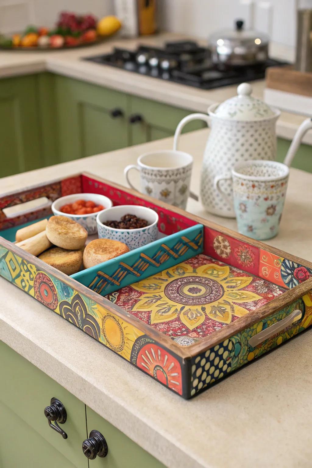 A vibrant serving tray made from children's art, ready for auction.