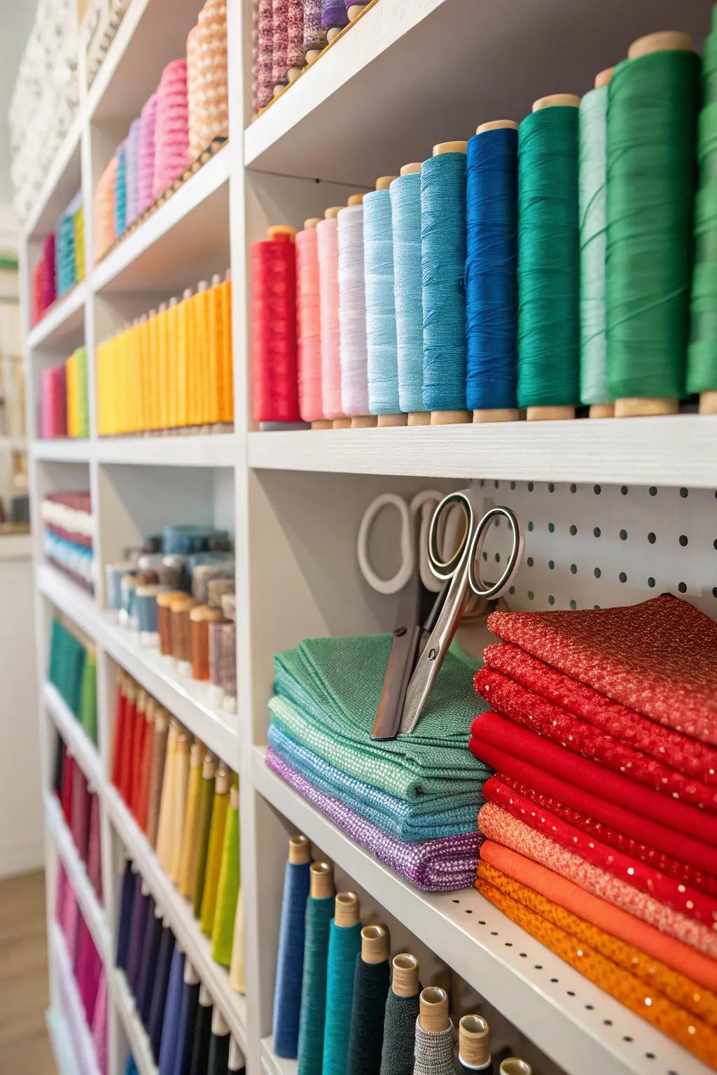 Color-coordinated sewing supplies adding aesthetic appeal to the room.