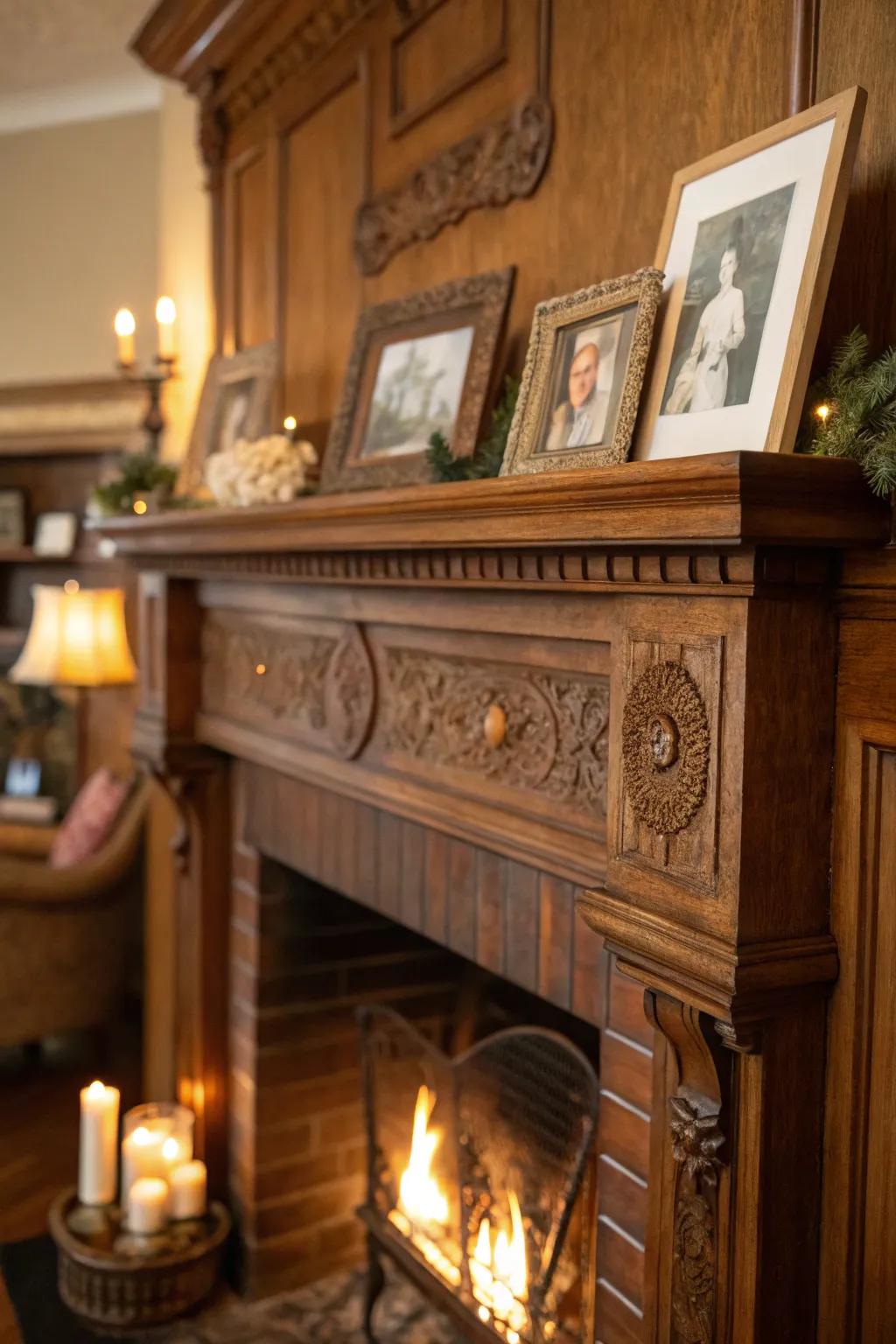A vintage wooden mantel completes the cozy fireplace look.