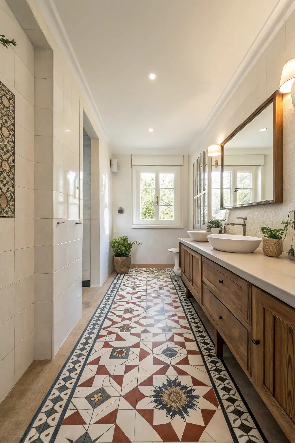 Bold tile patterns add character to a long bathroom.