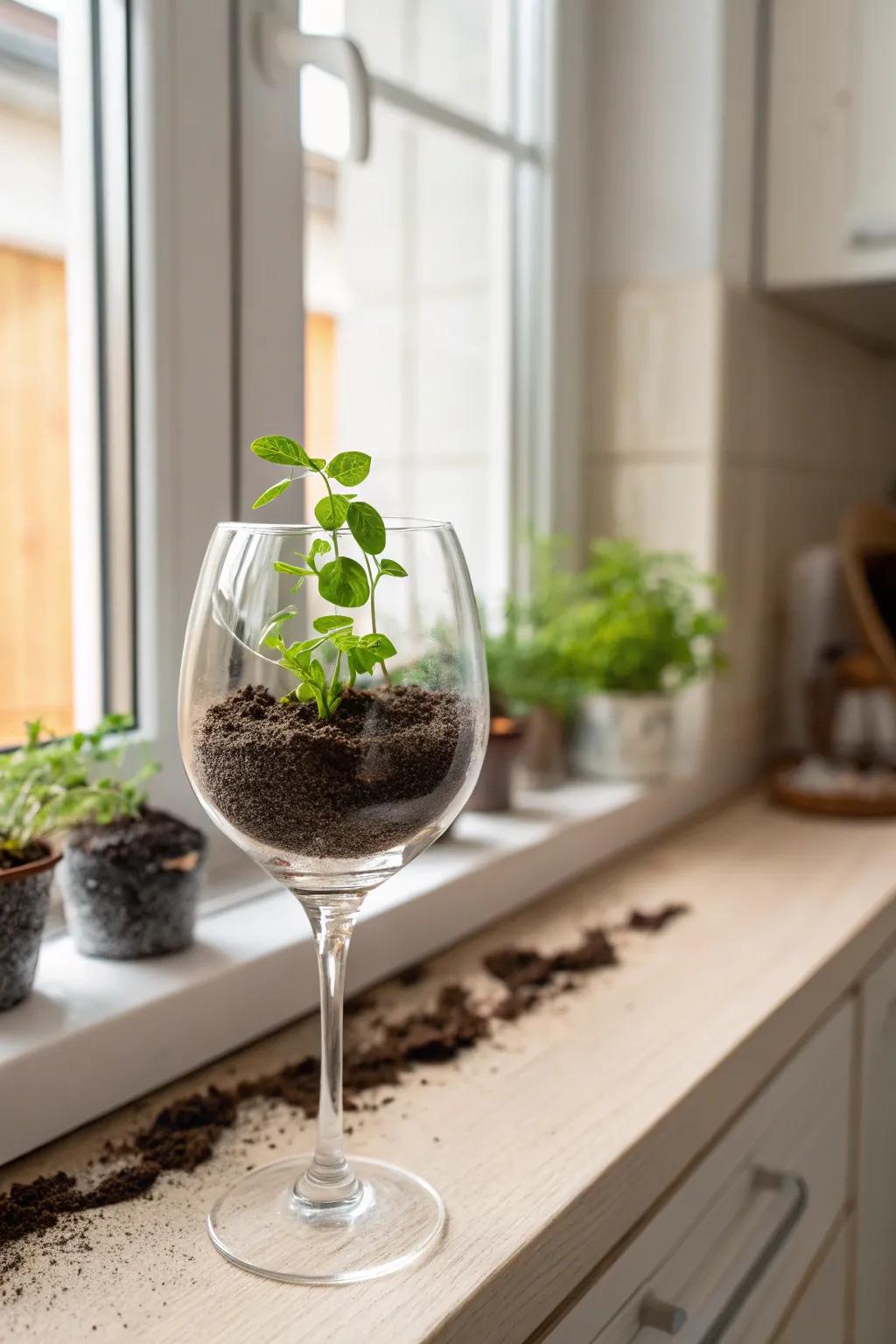 Transform your kitchen with chic wine glass plantersâwhere simplicity meets natural elegance.