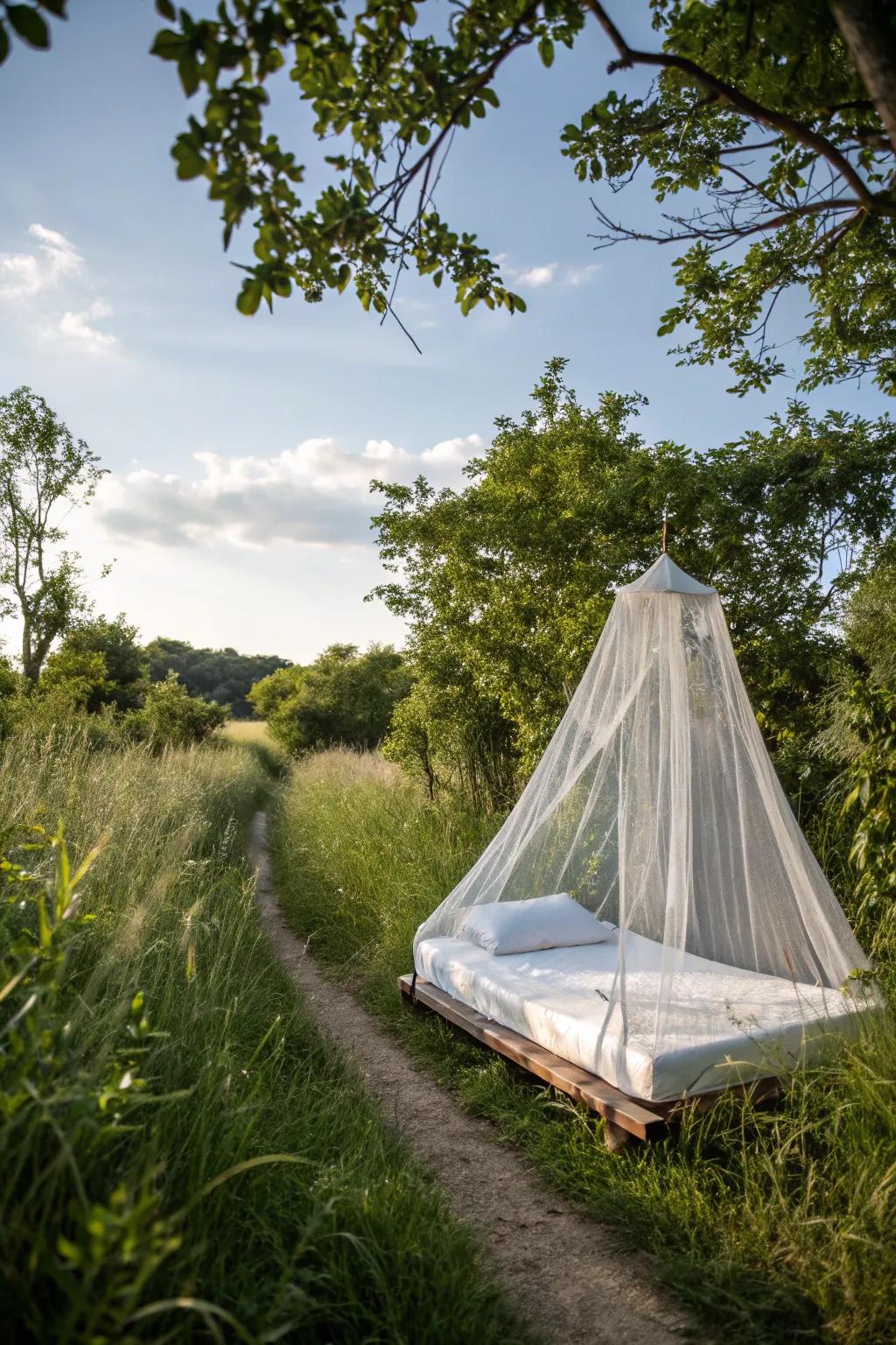 A portable bed with a built-in mosquito net, offering insect-free comfort in the wild.