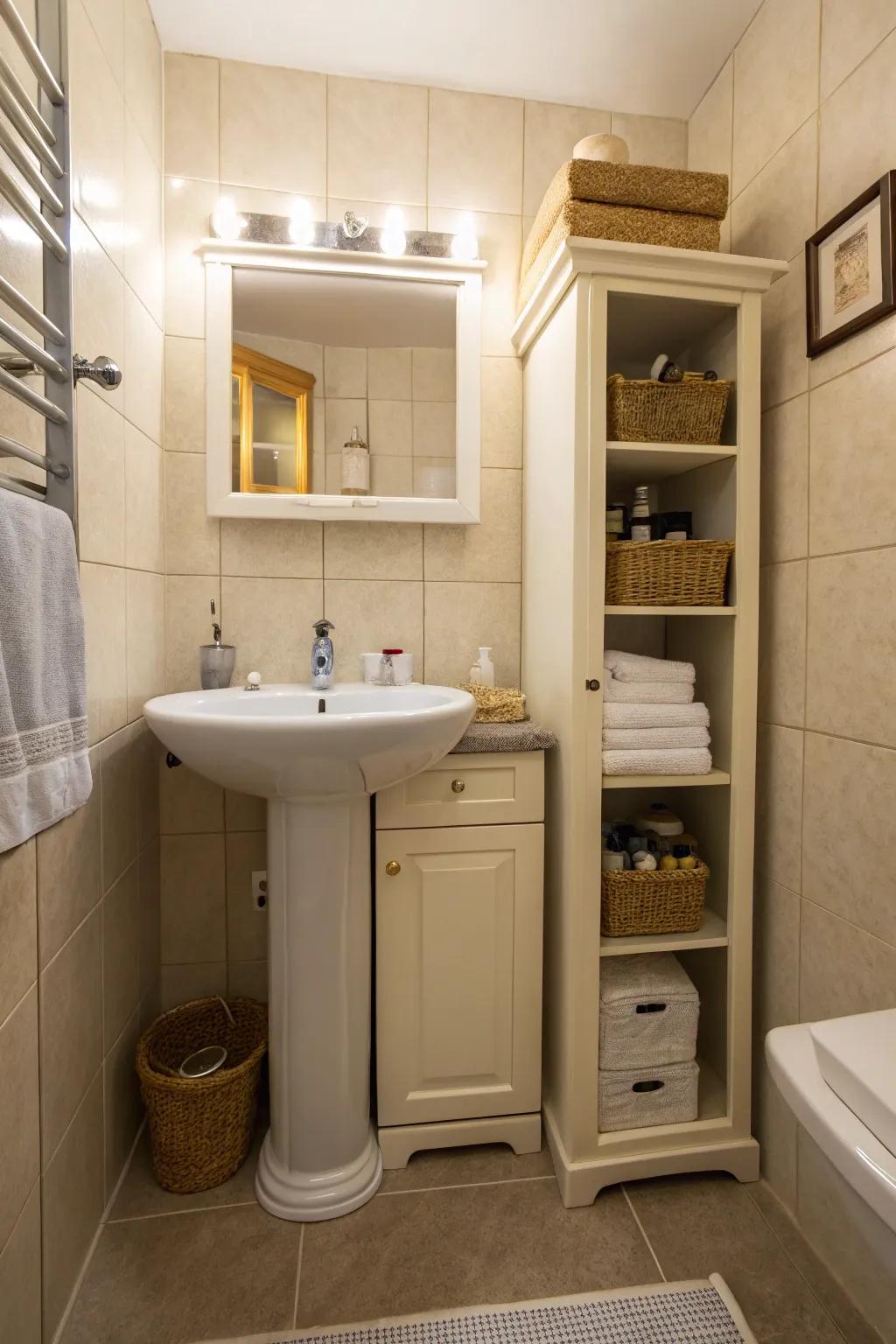 Space-efficient bathroom with a compact pedestal sink.