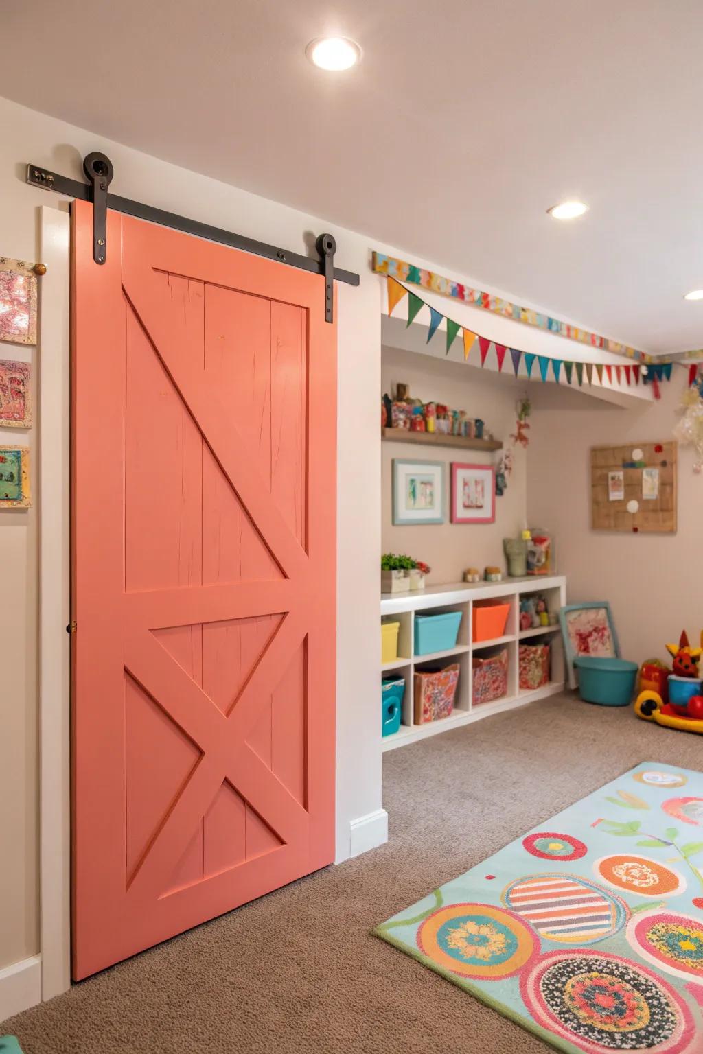 Coral barn doors bring happiness and vibrancy.