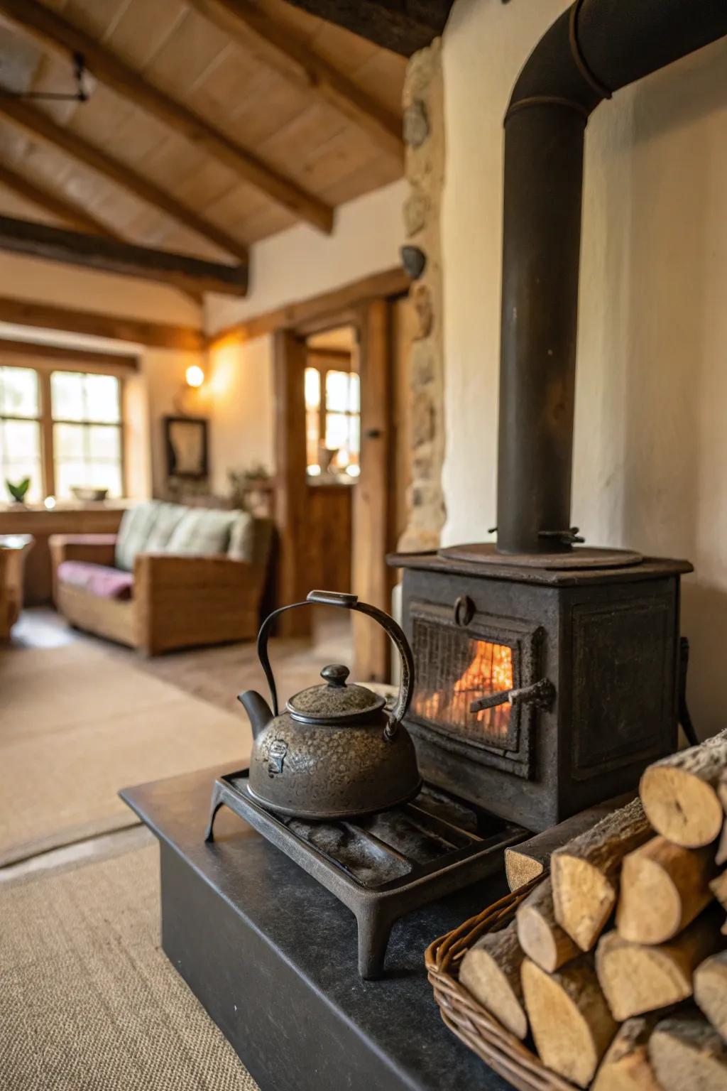 A vintage tea kettle adds a nostalgic touch to the fireplace scene.