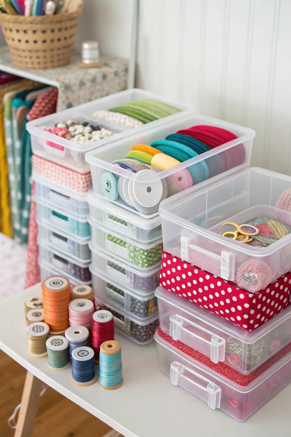 Clear bins filled with sewing notions for quick visibility and access.