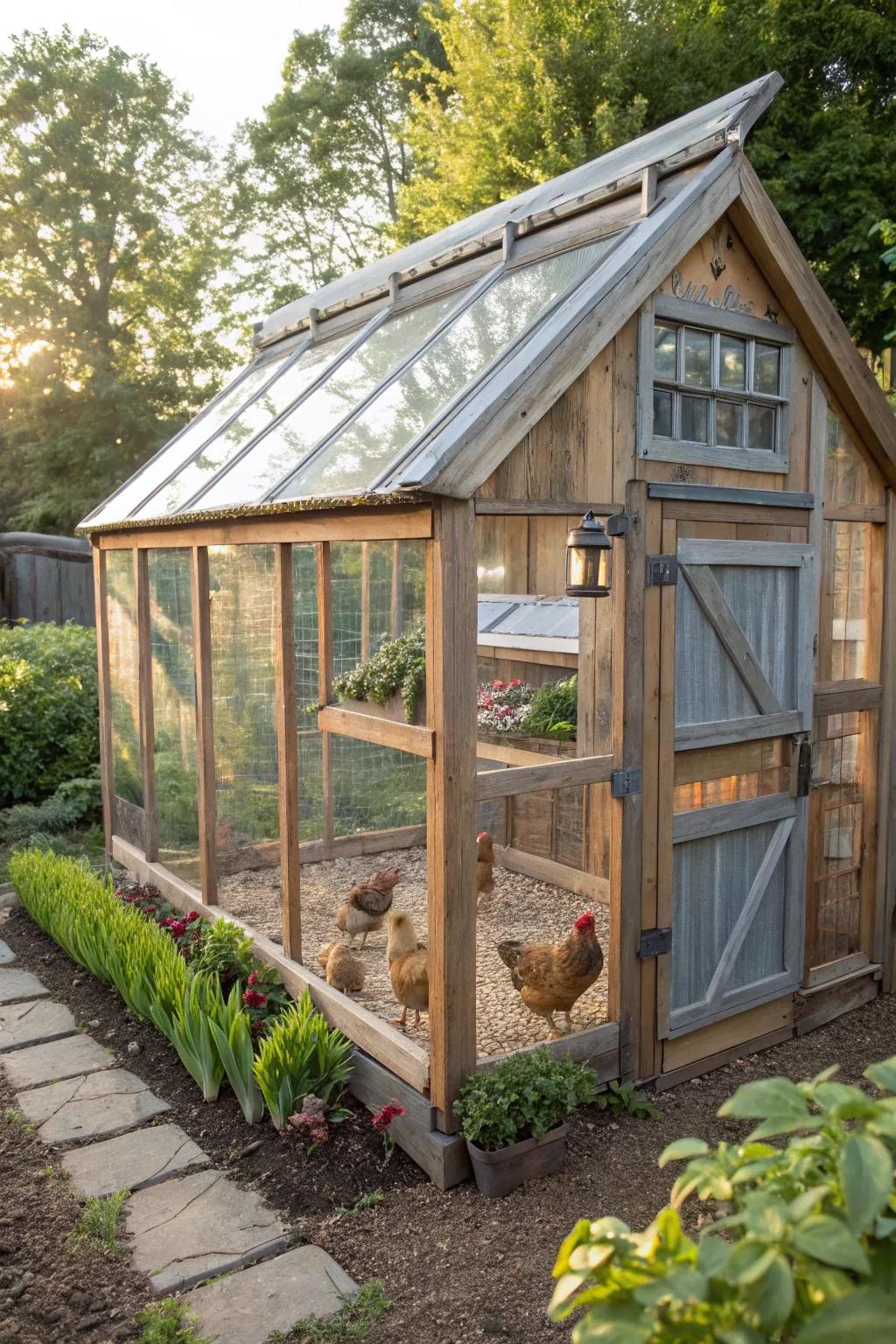 Discover the art of combining gardening with chicken keeping in a beautifully crafted greenhouse coop.