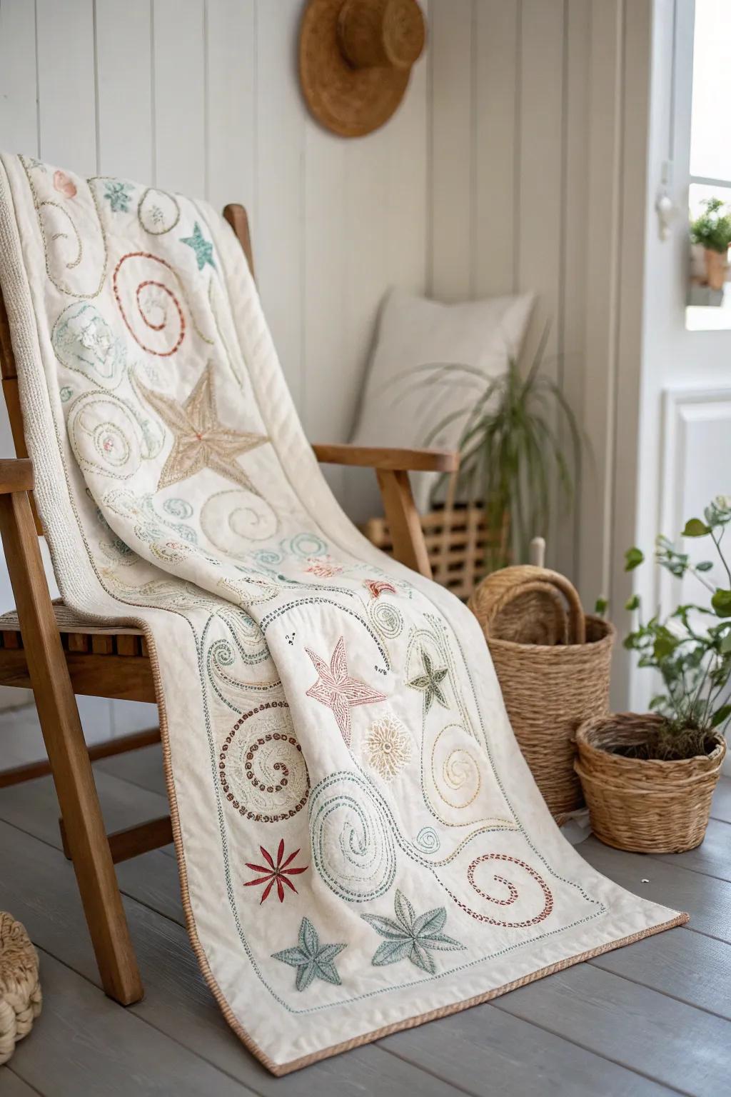 Embrace the artistry of free motion embroidery with a quilt that tells a story of dreams and whimsy.