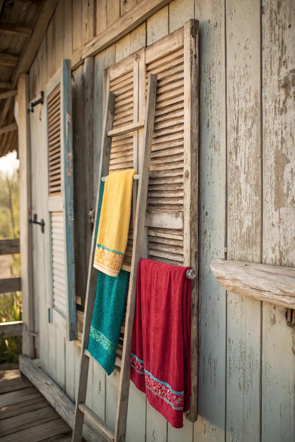 A creative towel rack that adds charm and functionality.