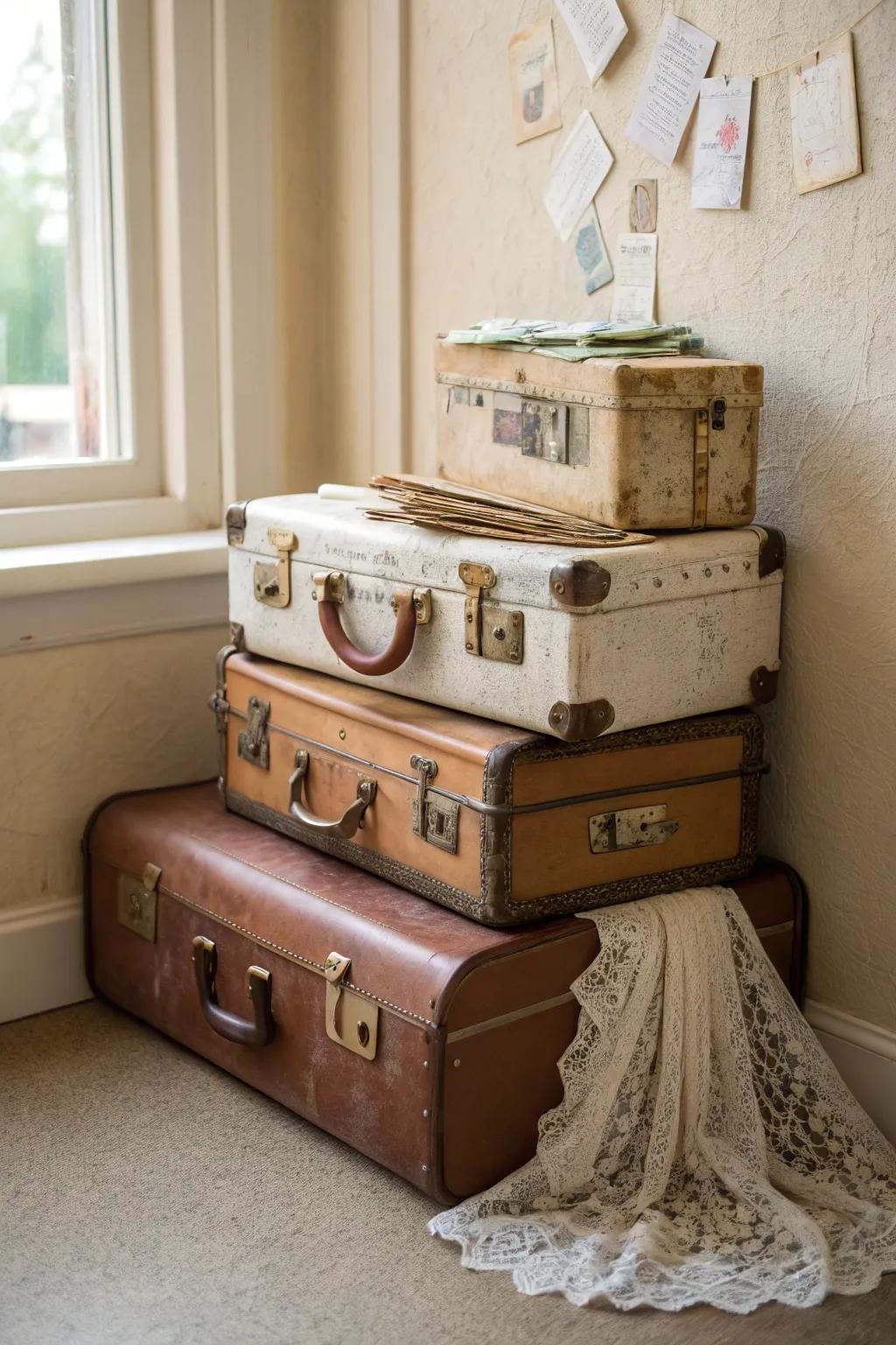 Transform vintage suitcases into charming wedding decor with a storybook touch.
