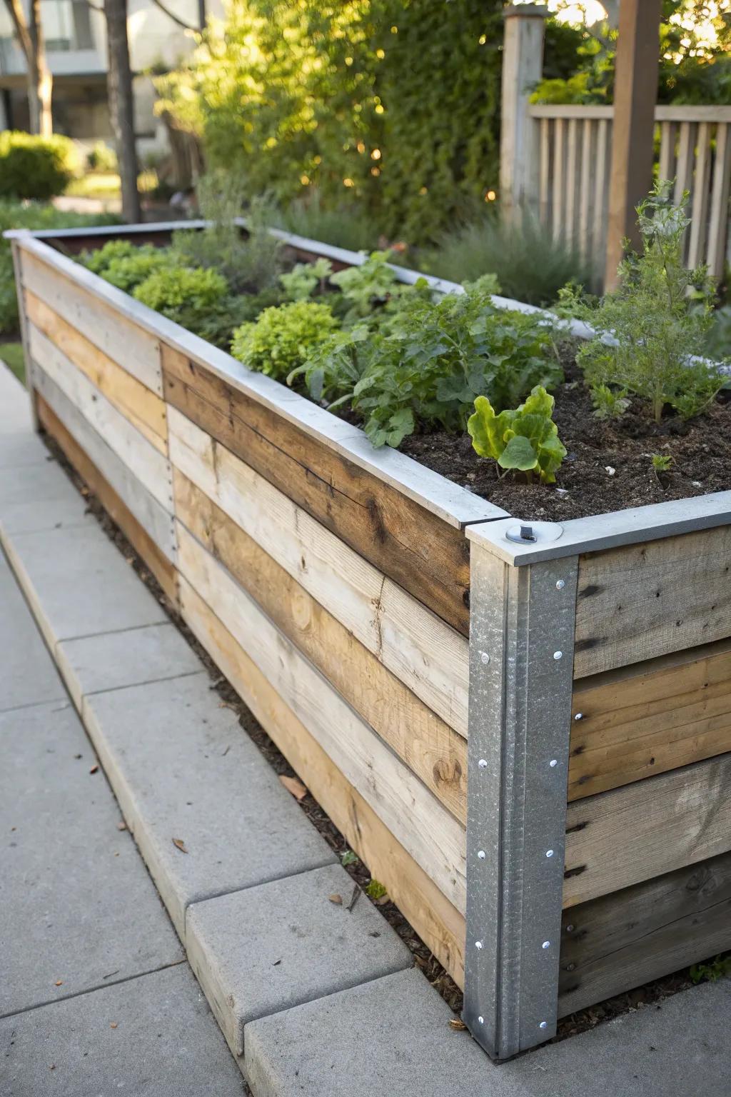 Elevate your outdoor space with a chic wood and metal raised garden bed â where rustic charm meets modern elegance.