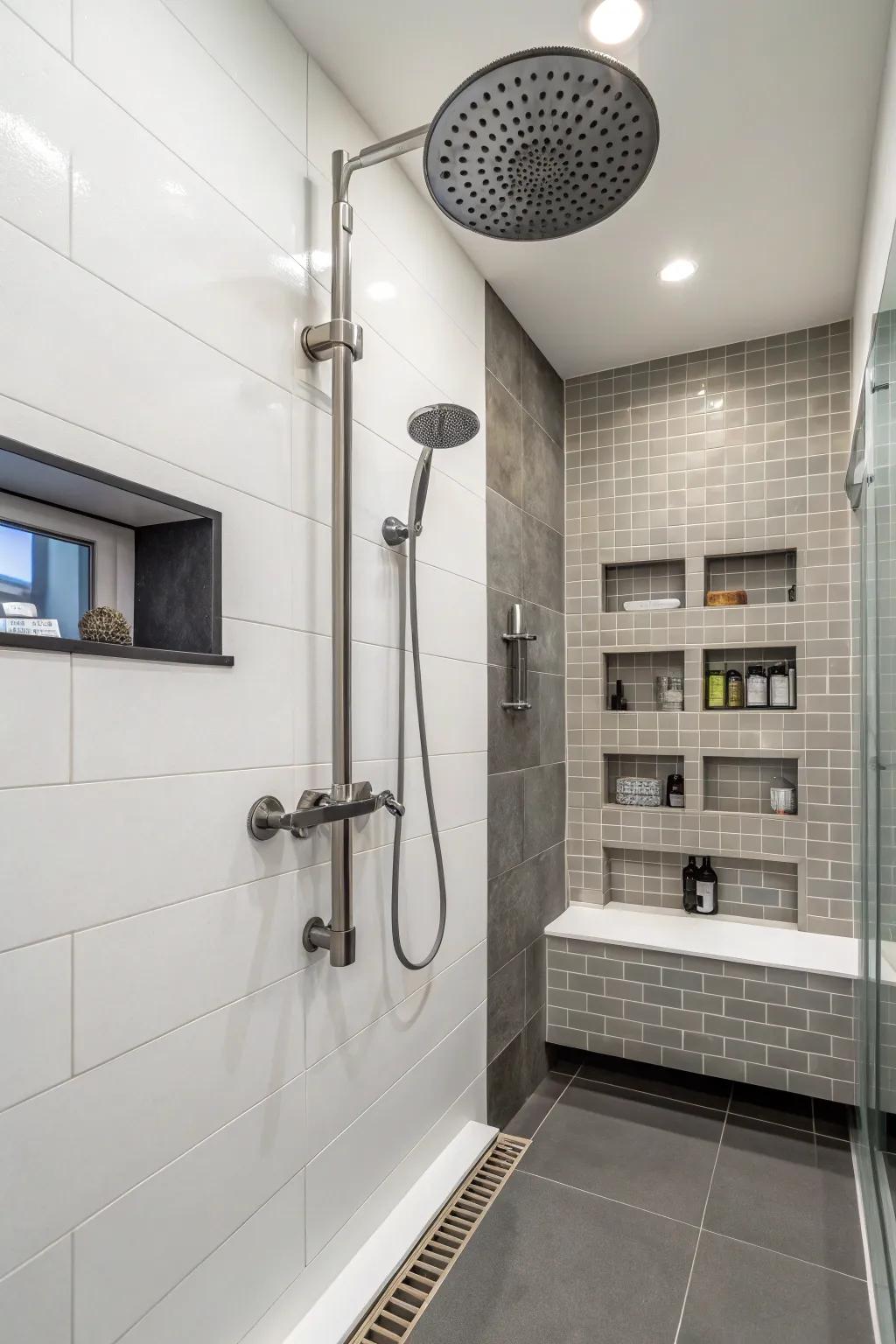An asymmetrical arrangement offers a creative and unique shower experience.