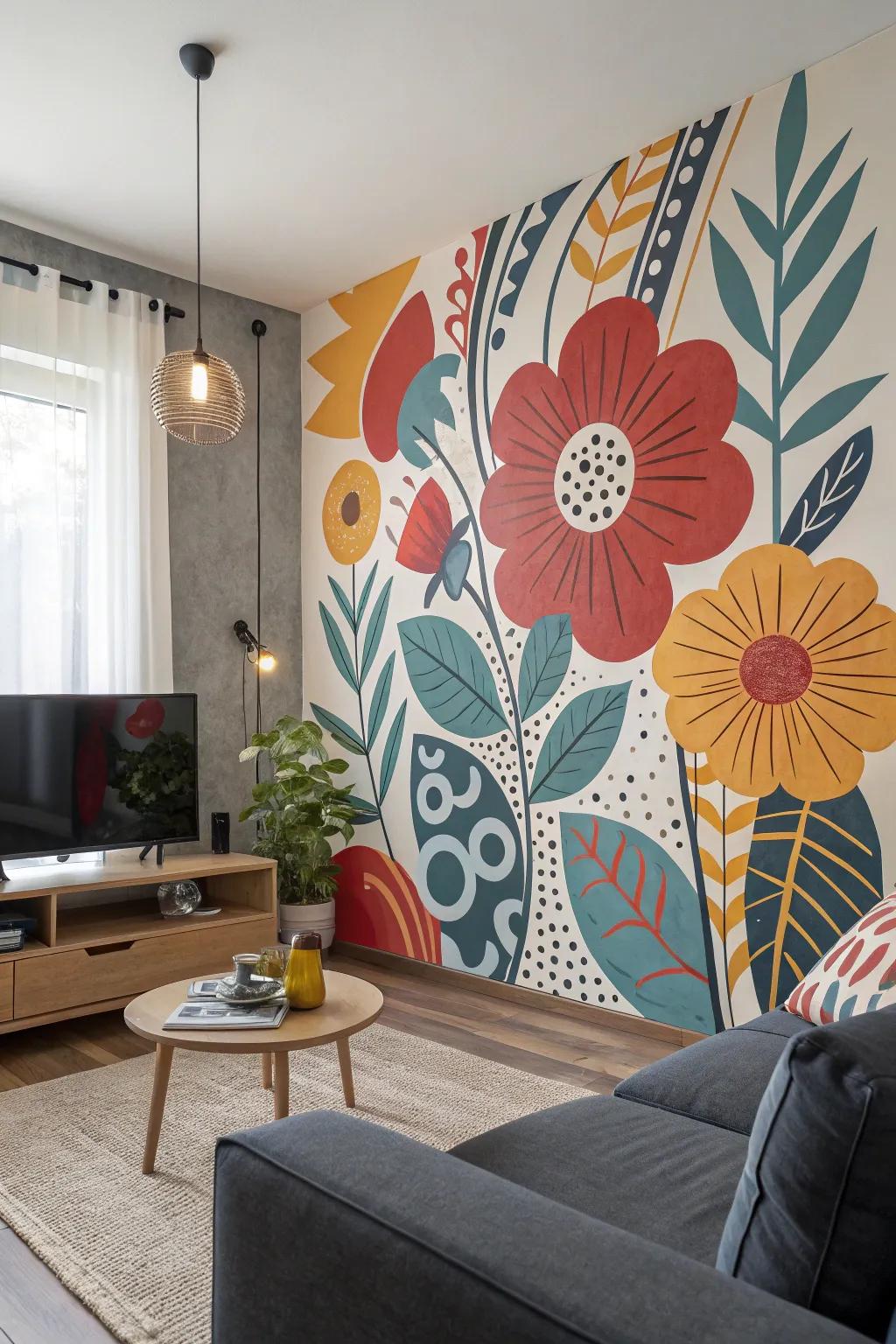 An abstract floral mural offers a contemporary and artistic flair.