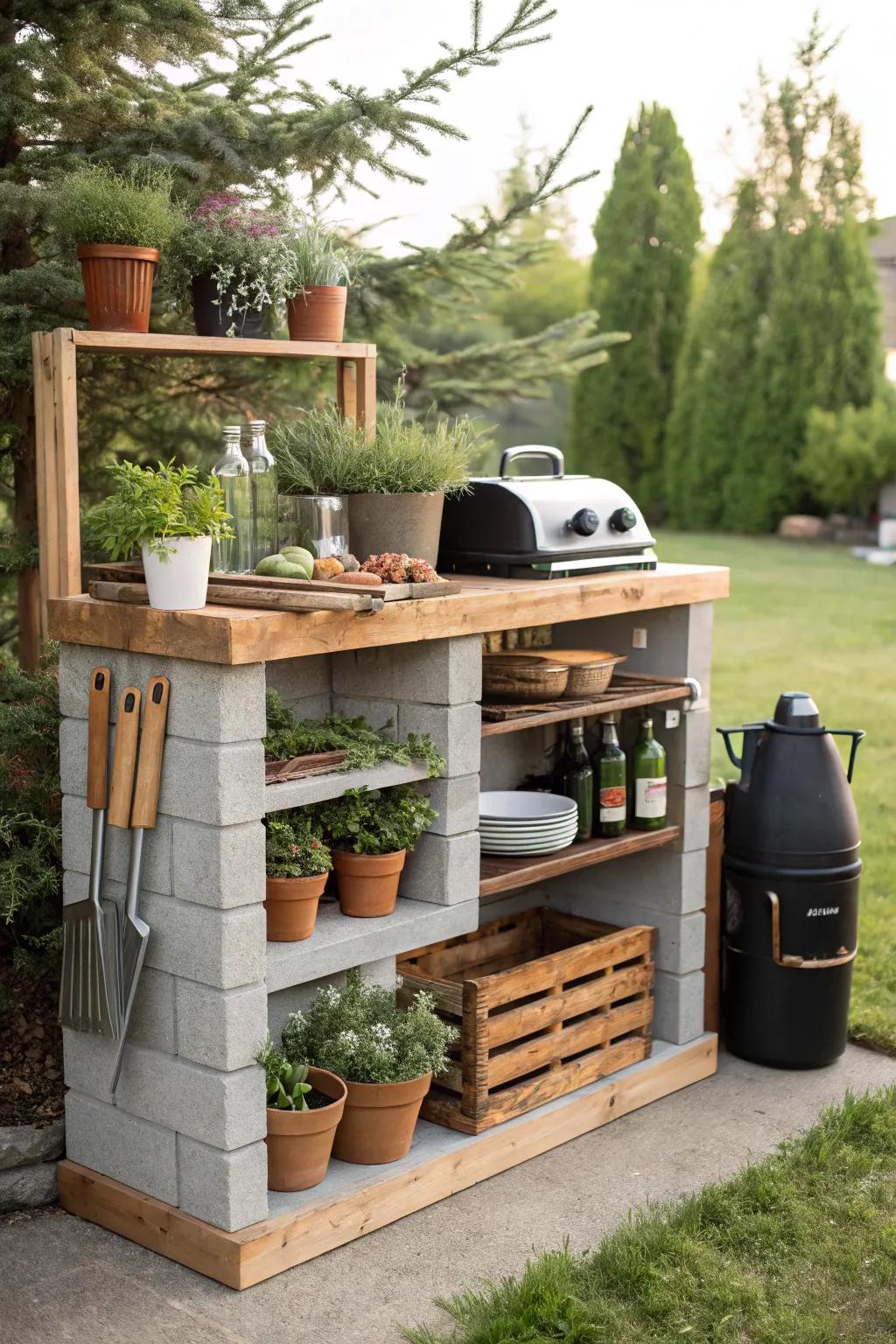 A durable cinder block and plank shelf, perfect for outdoor BBQ setups and plant displays.