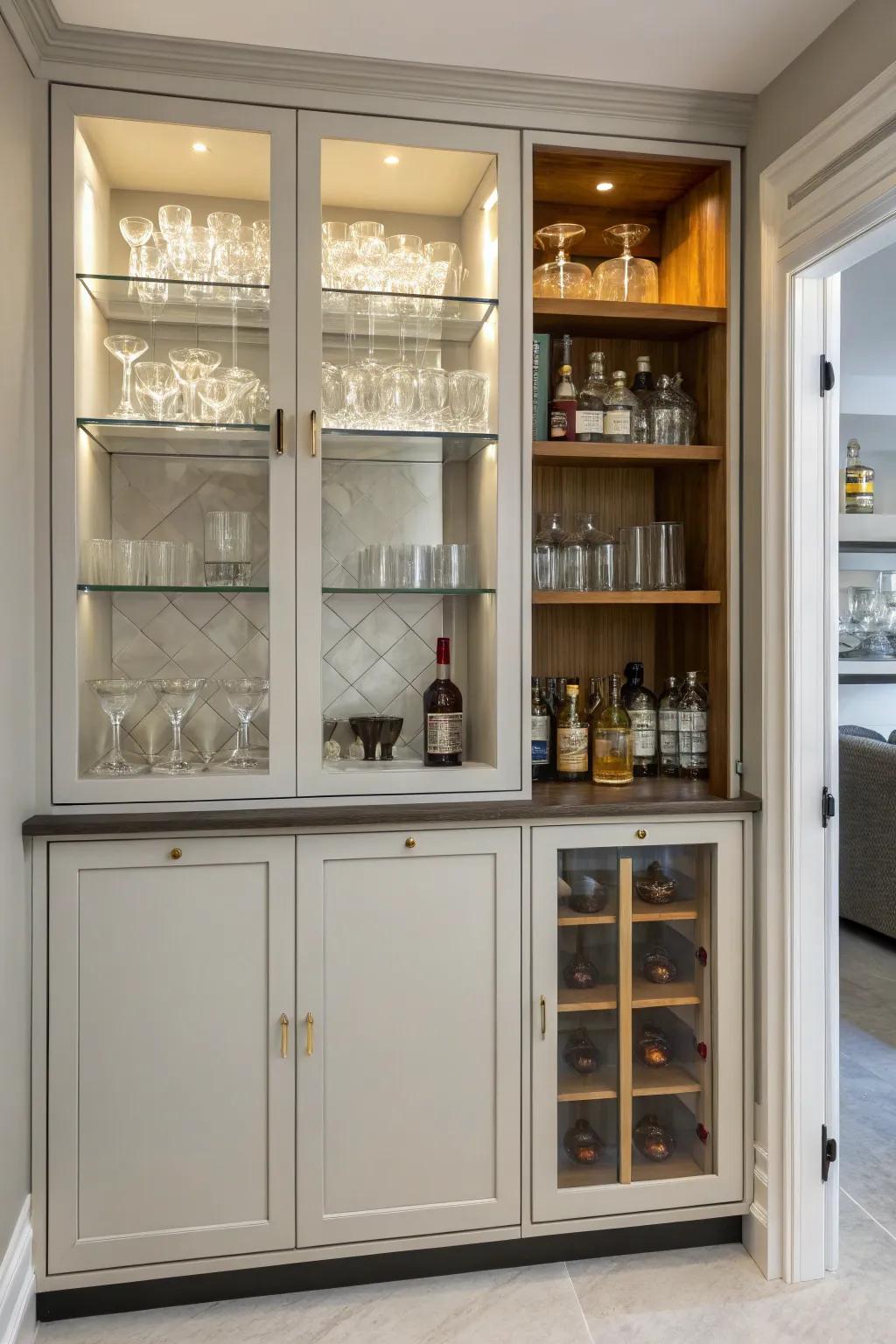 Balance visibility and privacy with open and closed storage options.