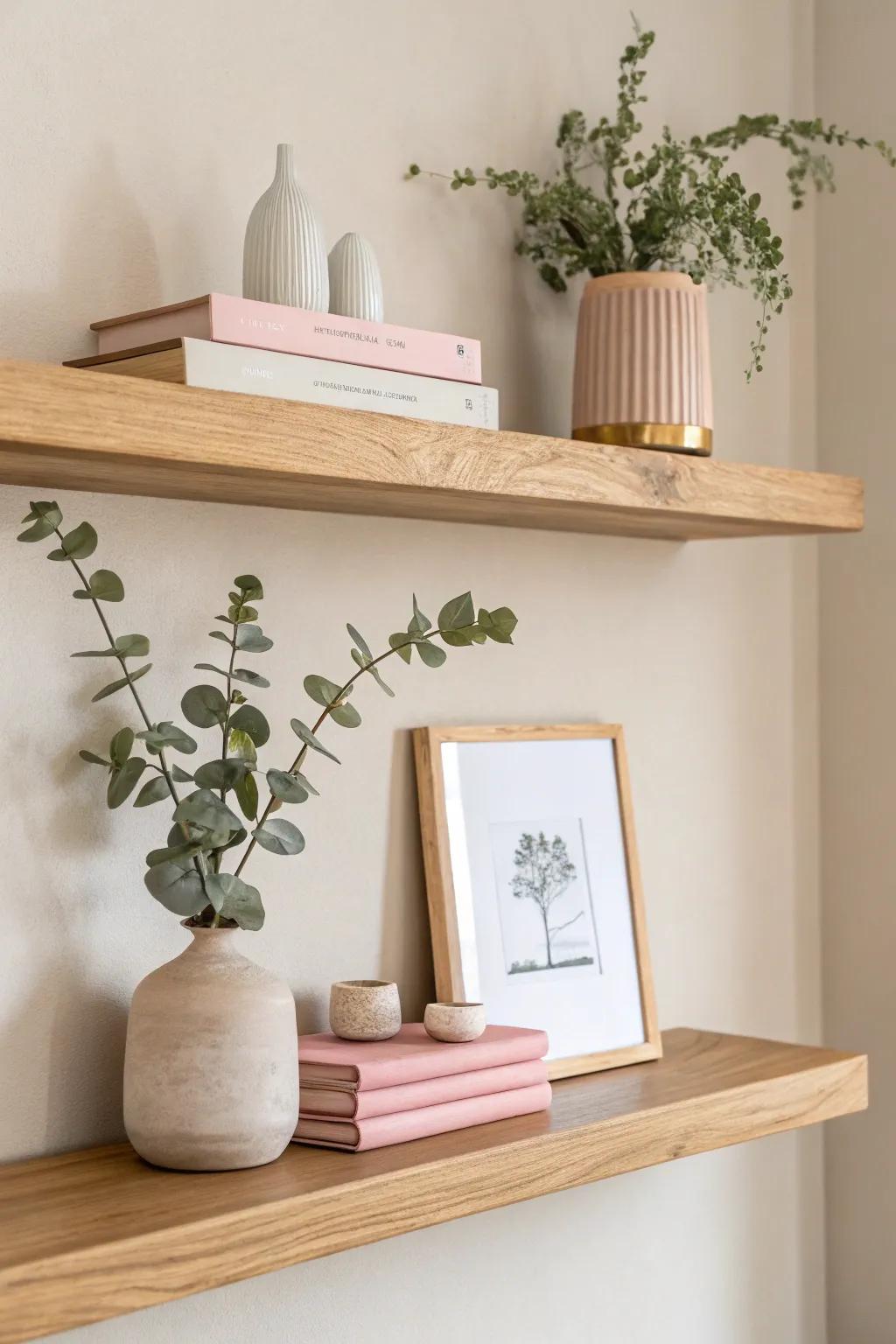 Elevate your space with the timeless charm of floating shelves, perfect for showcasing your favorite decor in style.