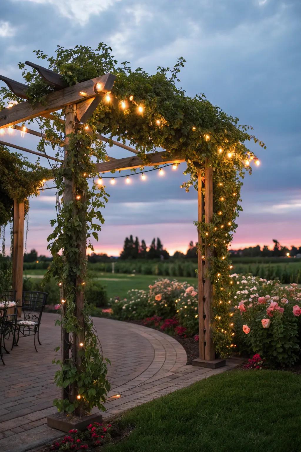 Lighting transforms a trellis arbor into a nighttime feature.