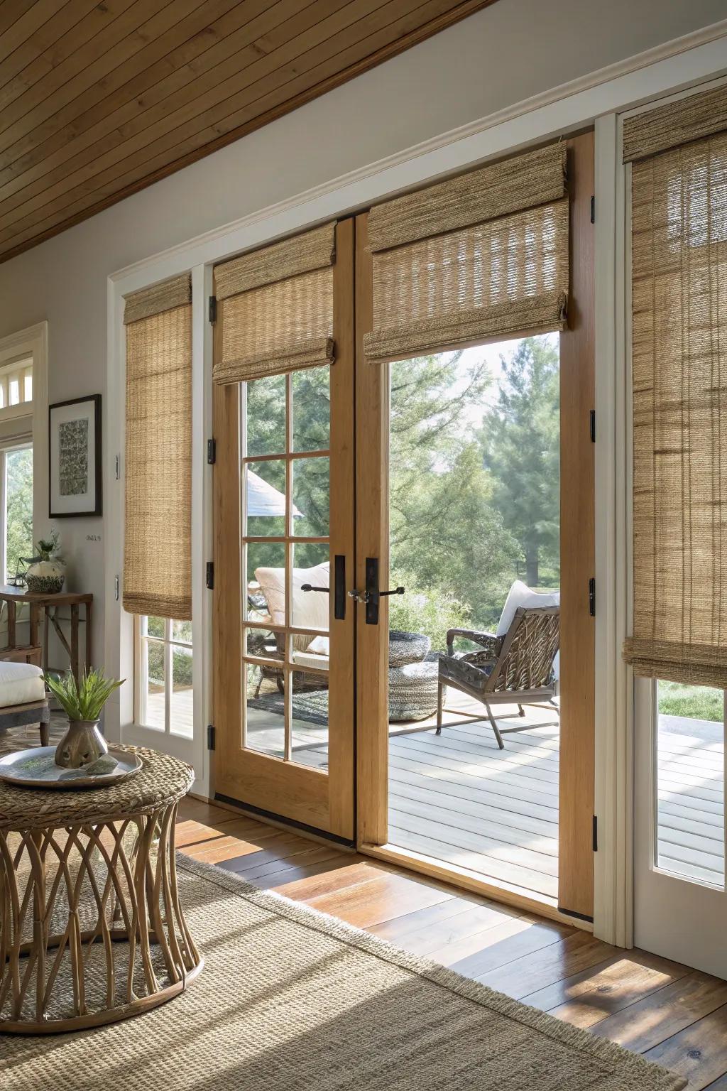 Bamboo blinds adding natural texture to French doors in a rustic-modern setting.