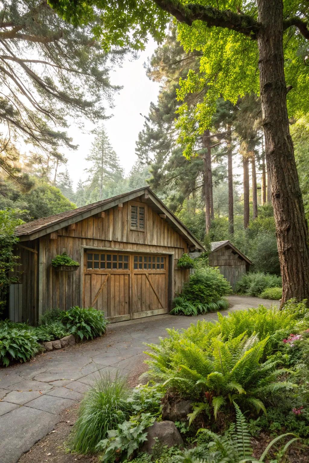A garage seamlessly blended with nature through surrounding greenery.