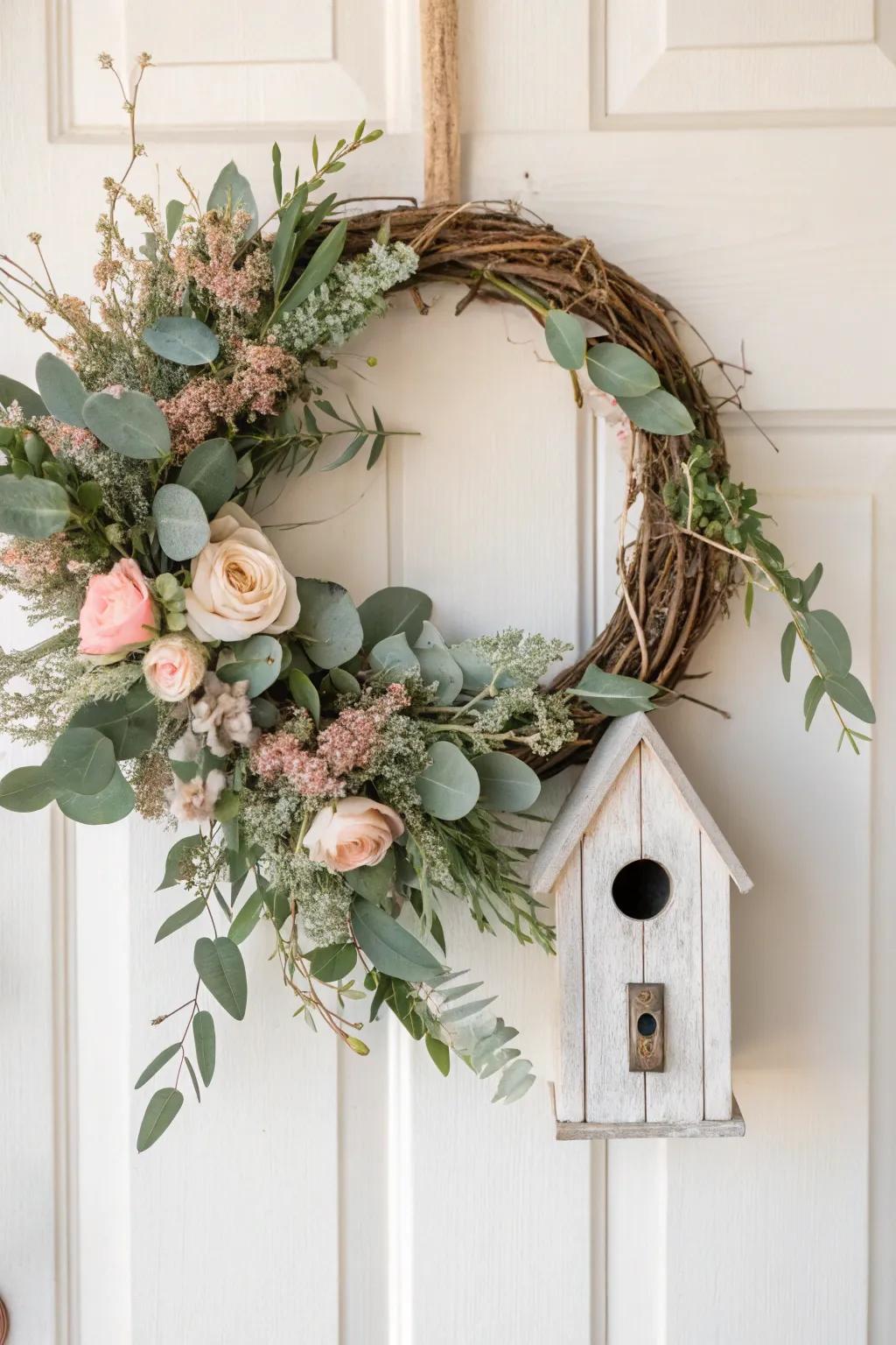 Embrace spring with a touch of nature: a minimalist wreath with a cozy birdhouse centerpiece.