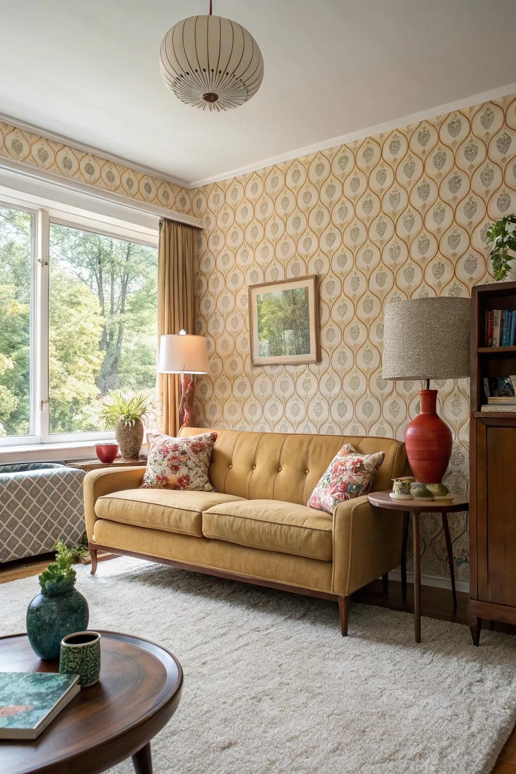 Living room with bold accent wall and vintage decor.