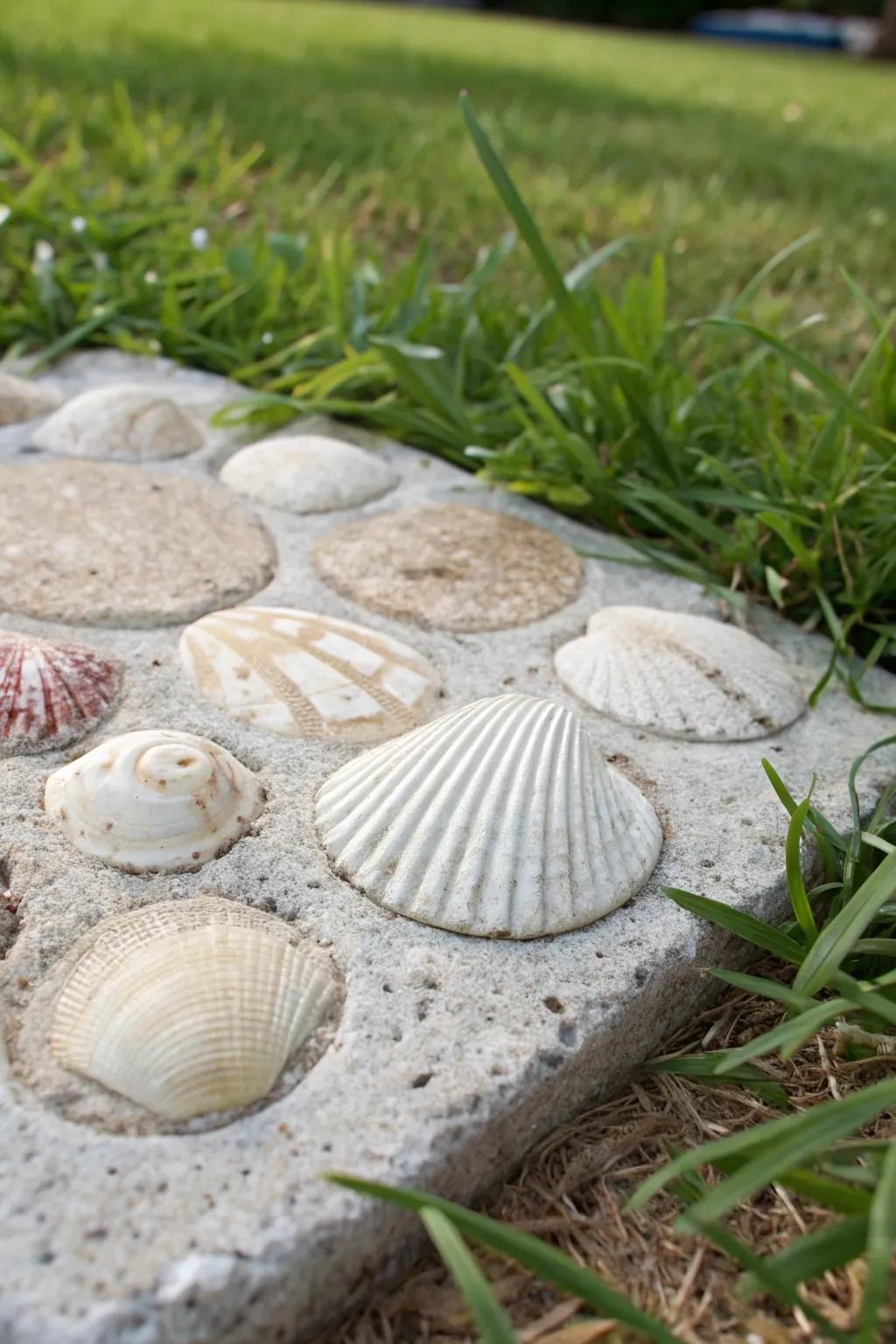 Bring the beach to your backyard with shell-embedded concrete stones for a touch of coastal charm.