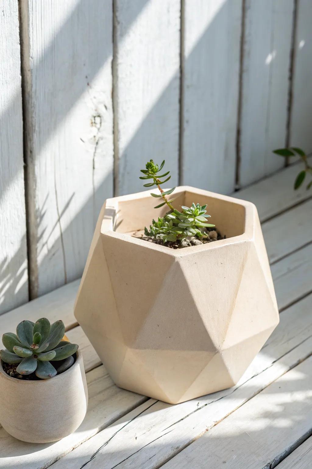 Embrace modern minimalism with this geometric clay pot, where simplicity meets natural beauty.