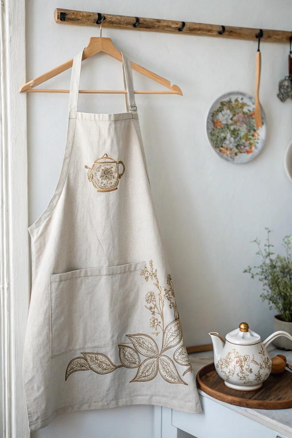 Transform the ordinary into extraordinary with charming teapot embroidery on your apronâwhere simplicity meets beauty.