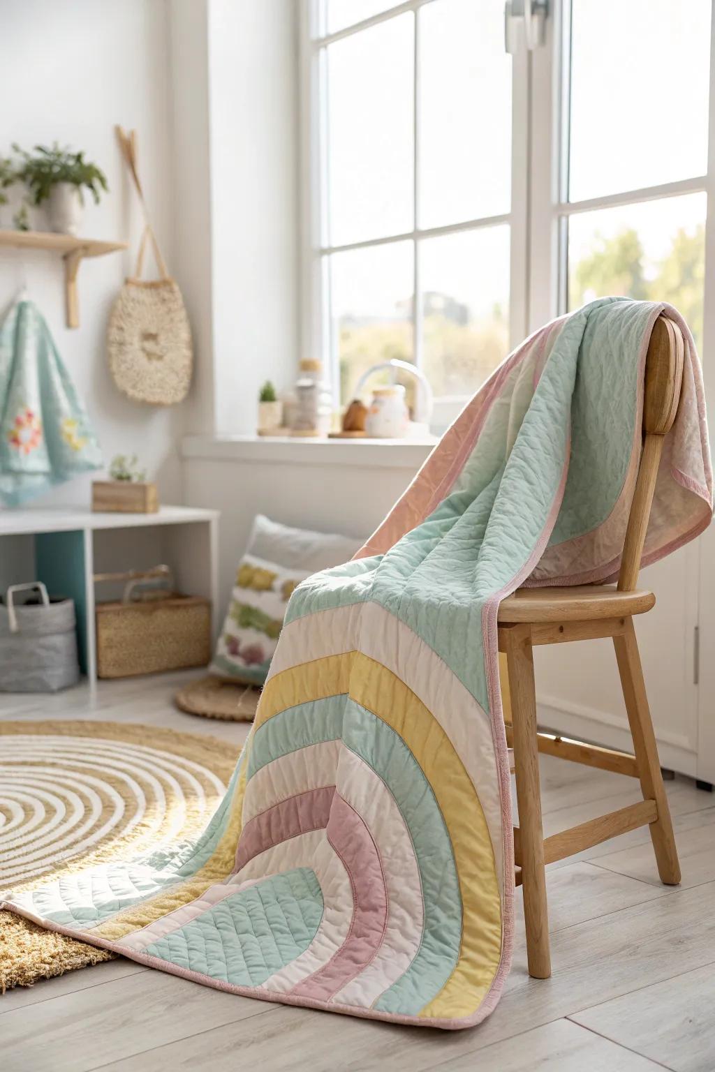 Embrace the joy of colors with this handcrafted rainbow baby quilt, perfect for adding a touch of warmth and whimsy to any nursery.
