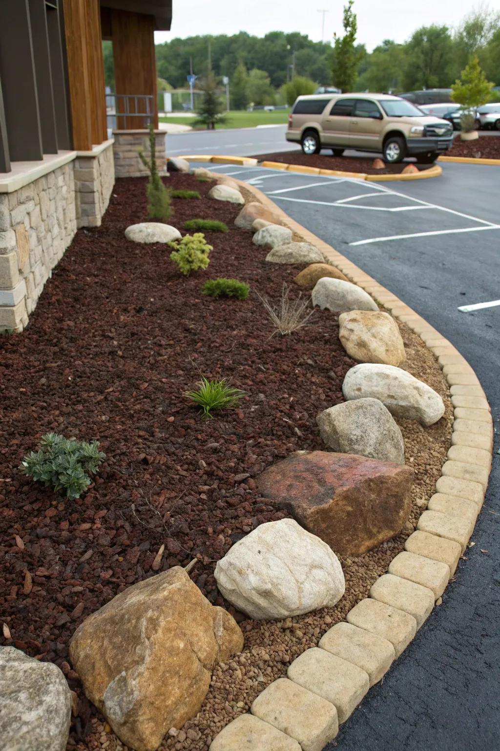 Elevate your parking space with a stylish mulch and stone comboâwhere practicality meets craftsmanship.