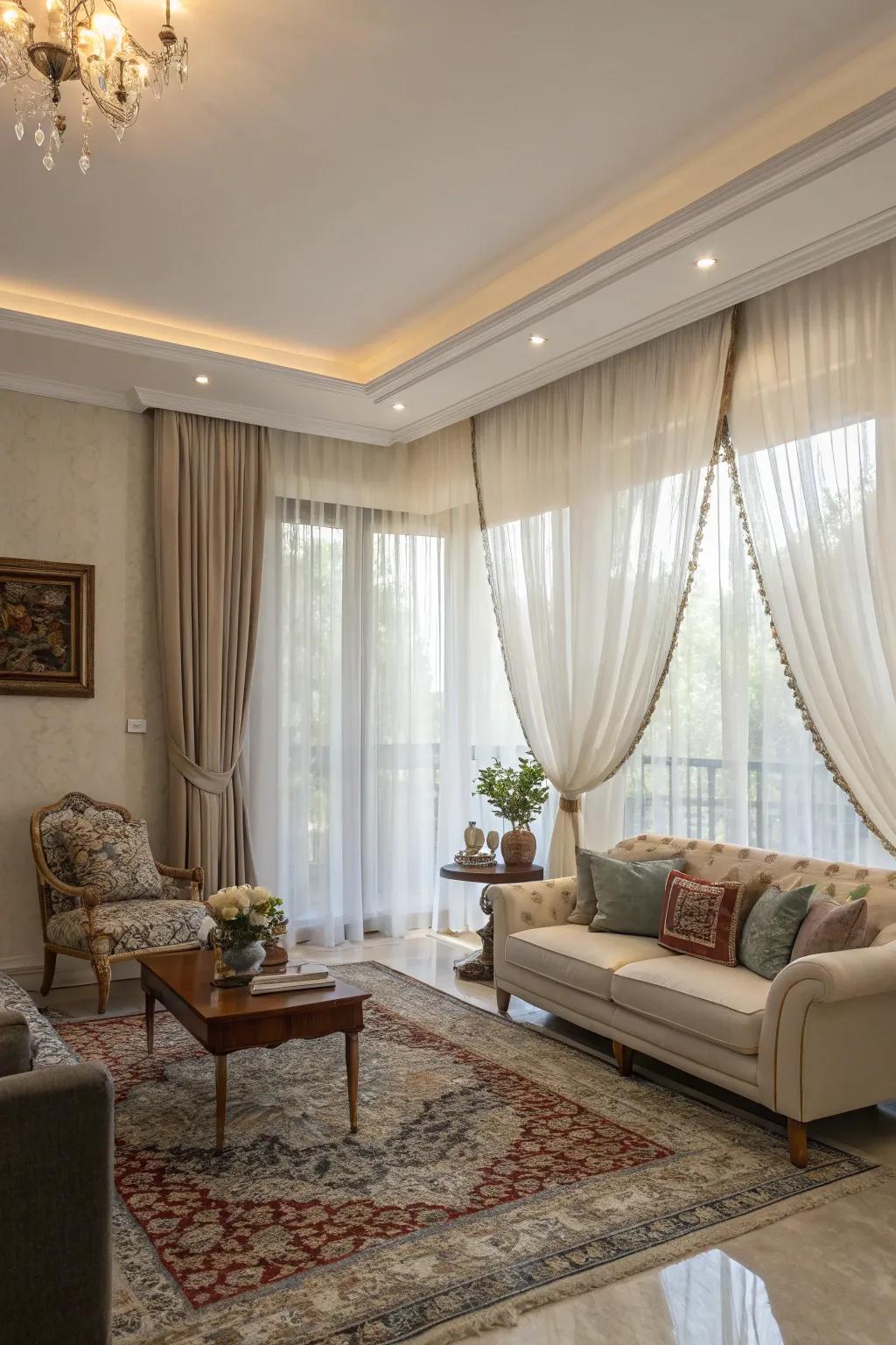 Overlapping sheers add elegance and breeziness.