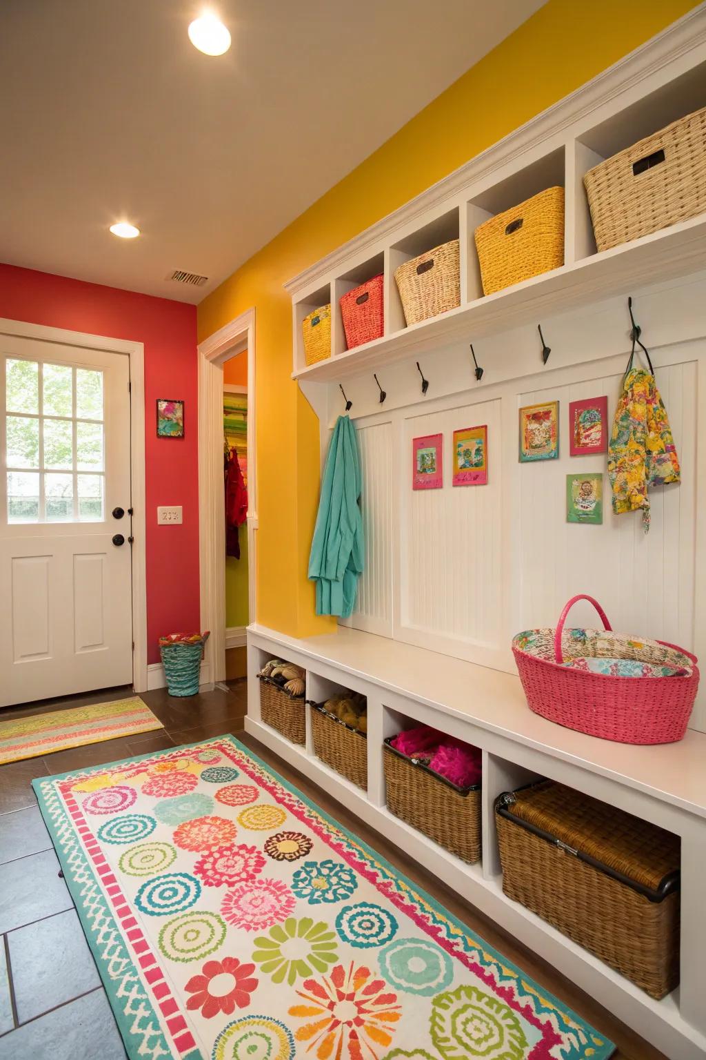 Bright colors bring life to this cheerful mudroom.