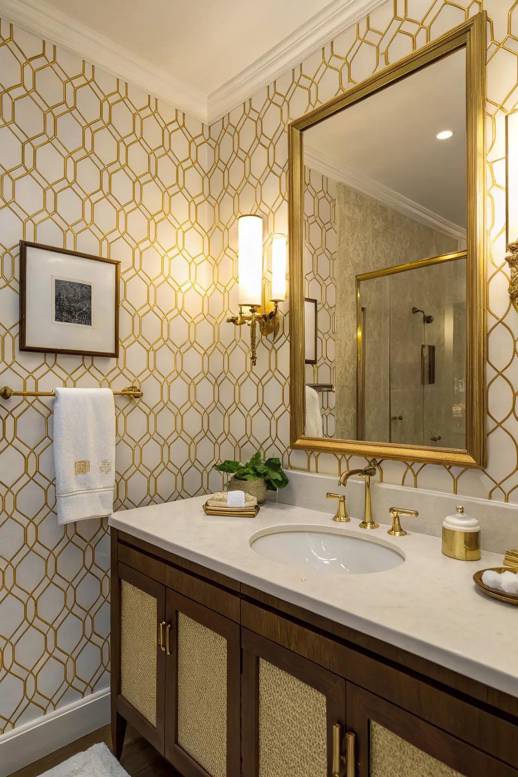 Bathroom with glamorous wallpaper and elegant fixtures.