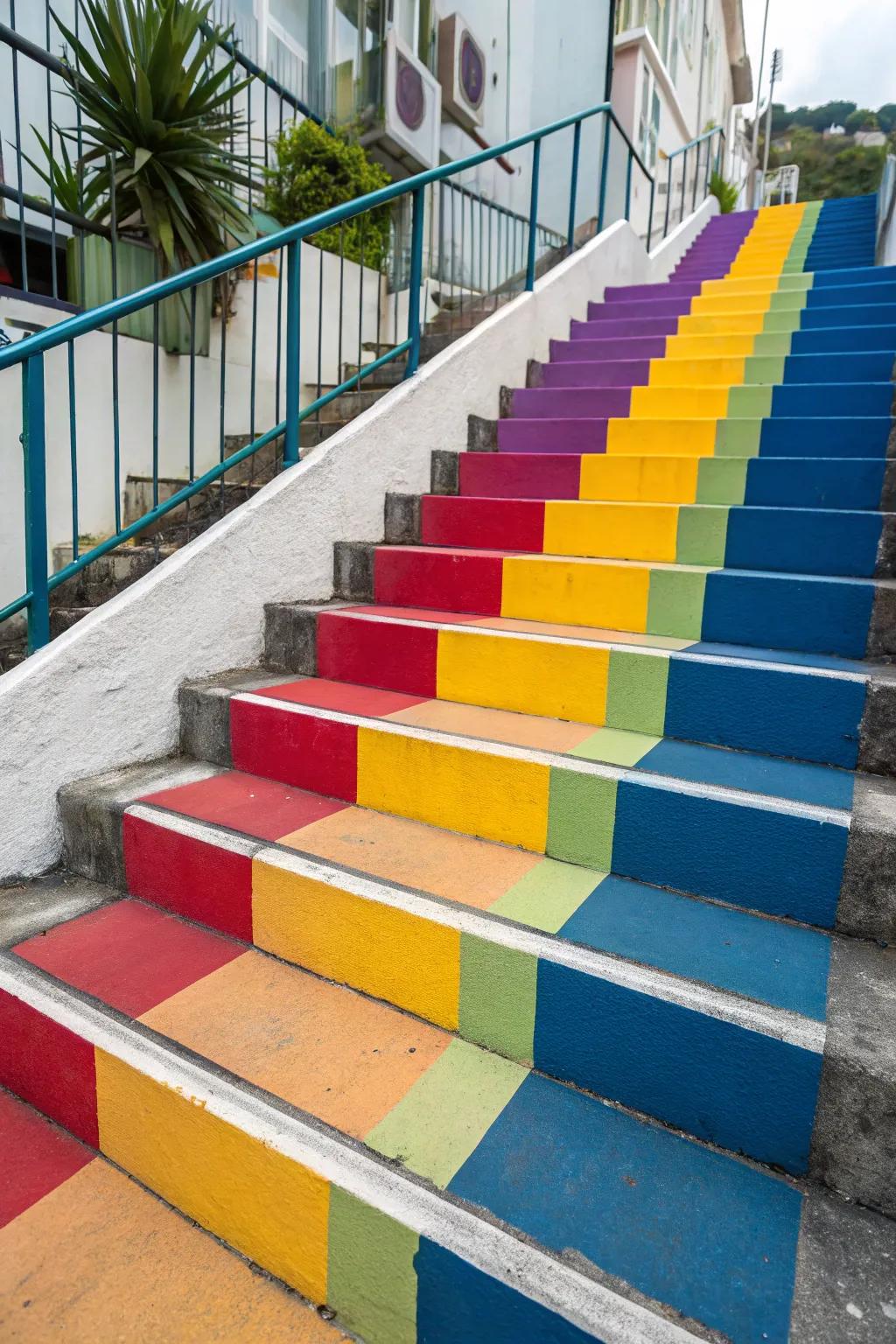 Color-blocked stair treads create a playful and modern look.