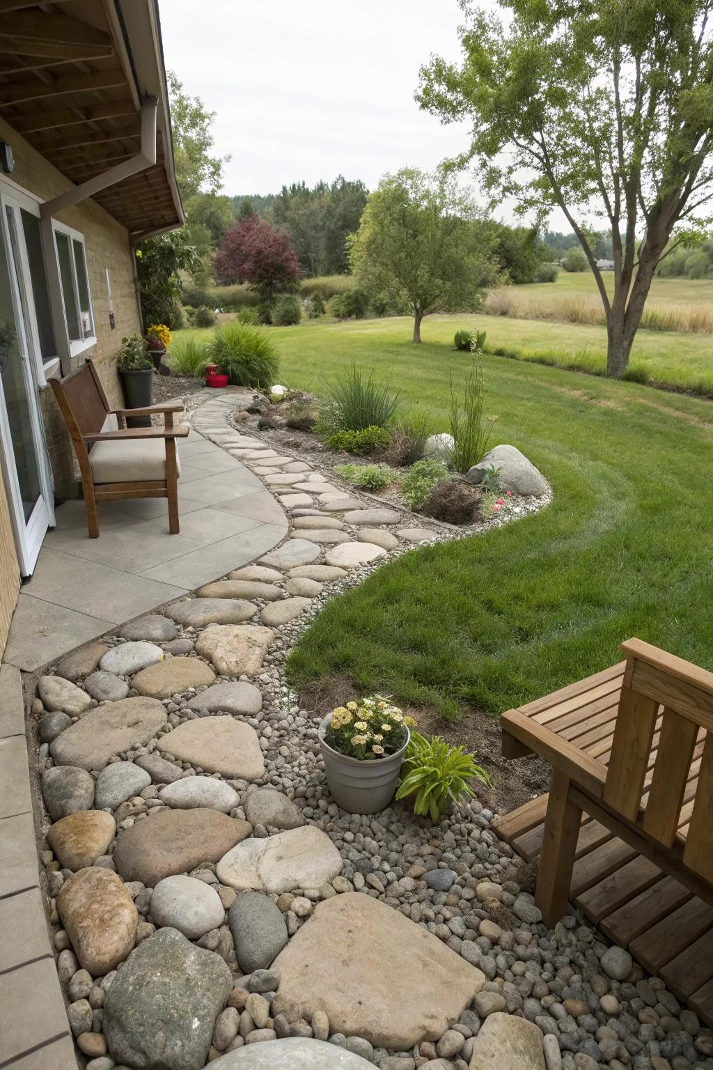 Rock gardens offer a natural and low-maintenance transition.
