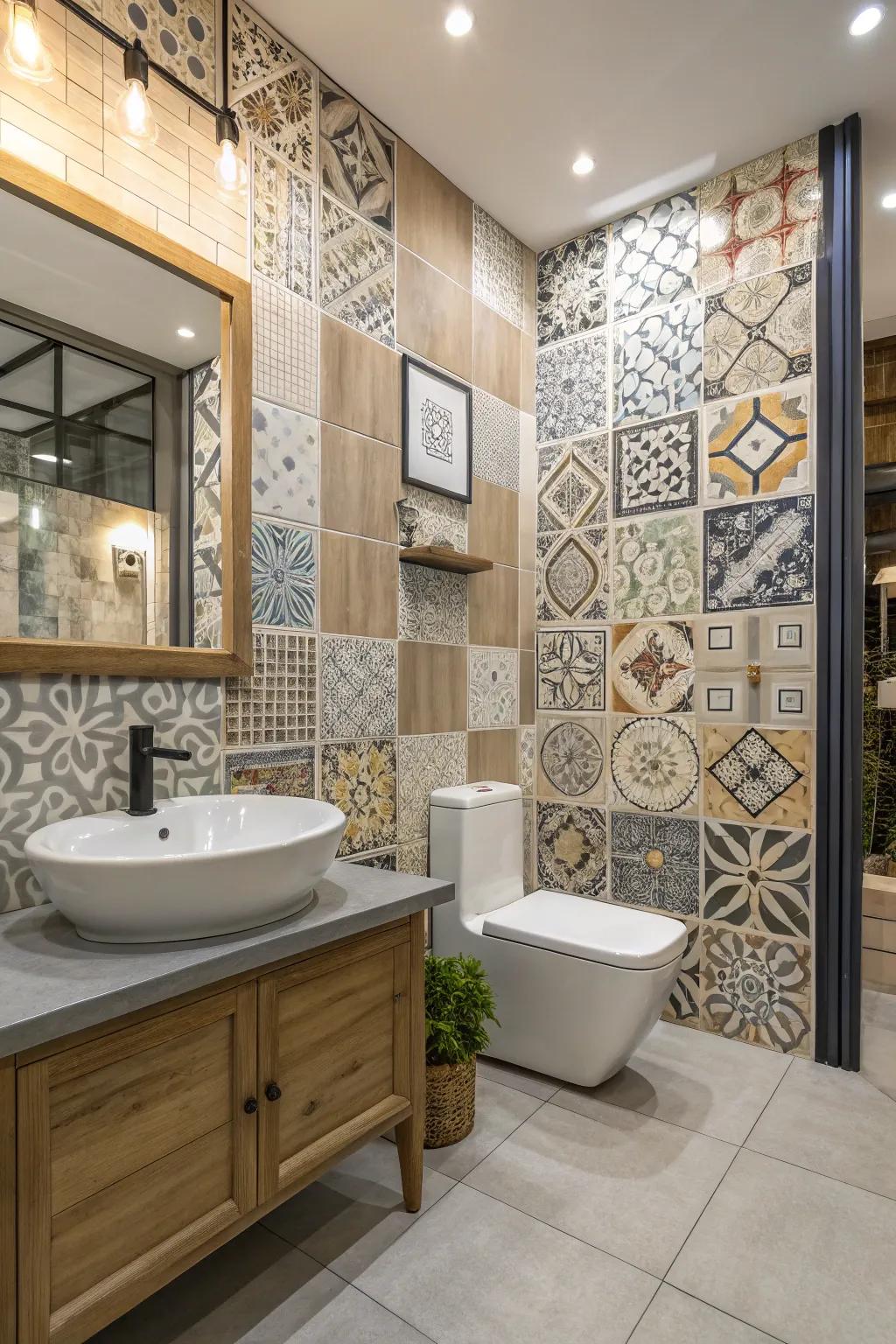 An eclectic bathroom featuring a mix of different tile styles and sizes.