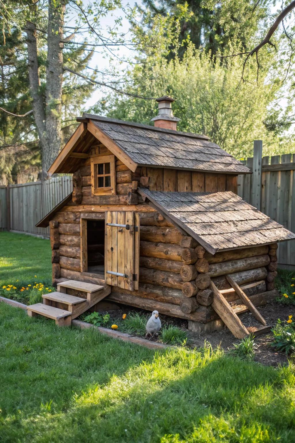 Transform your backyard with this rustic log cabin chicken coop, where craftsmanship meets nature.