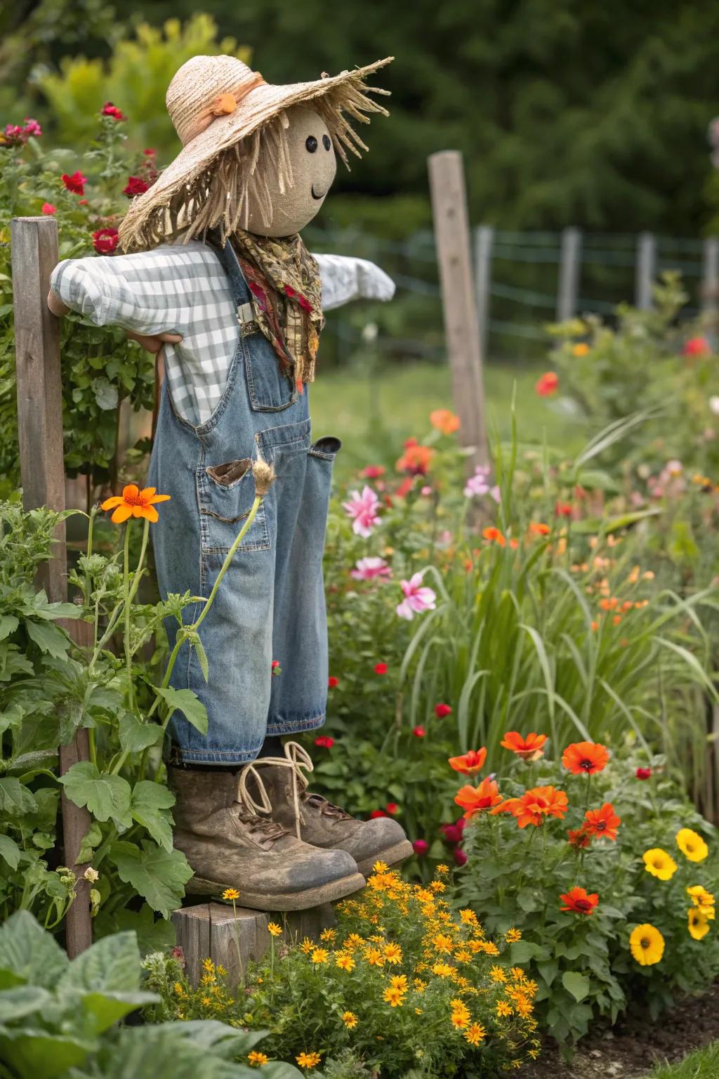 An old boot head brings a touch of whimsy to your scarecrow.