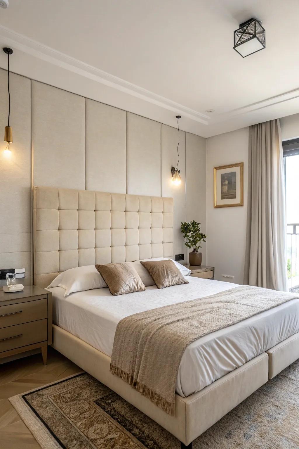A minimalist bedroom where the beige headboard takes center stage.
