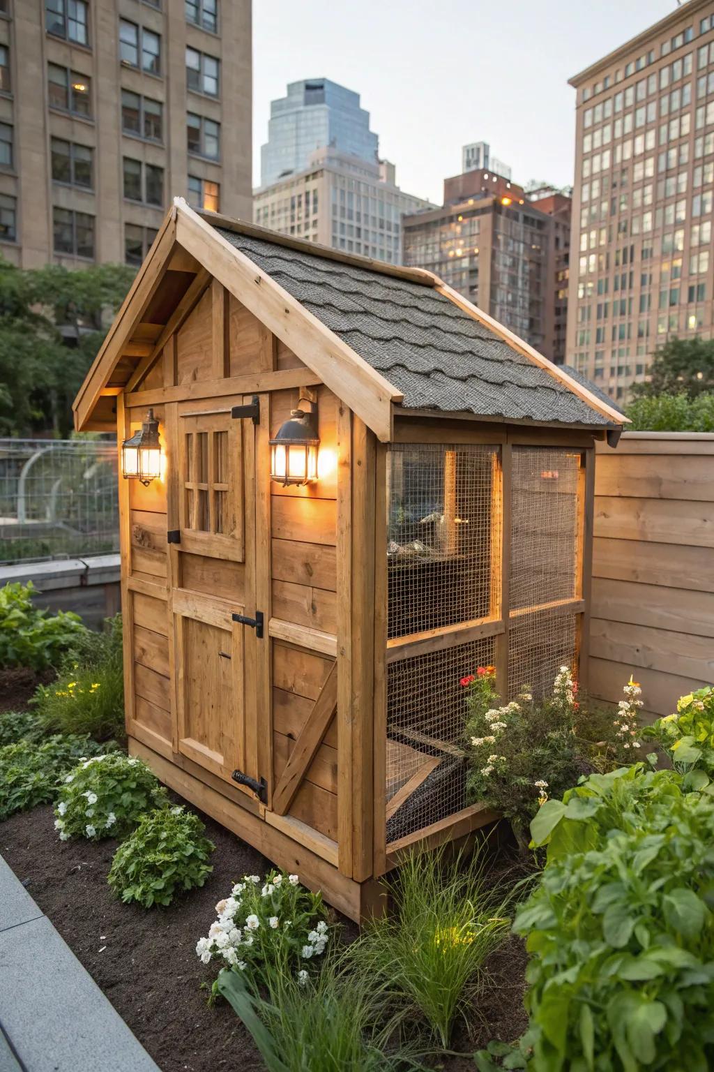 Crafted with precision, this compact city coop is the perfect blend of style and function for urban gardens.