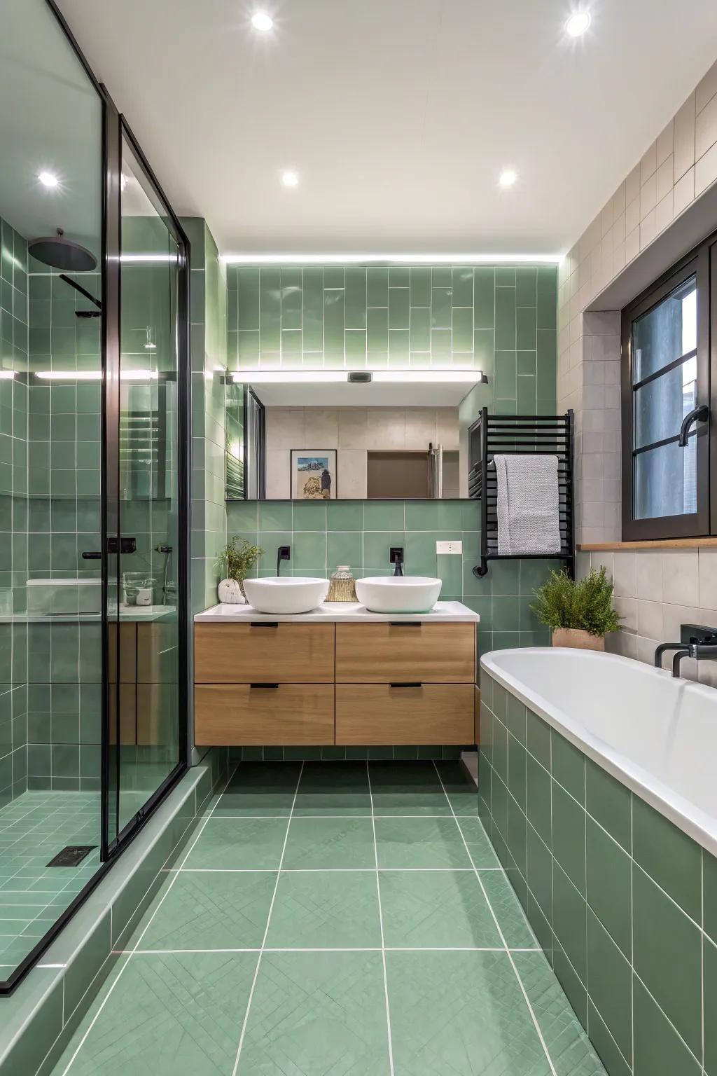 Sage green floor tiles make a bold design statement.
