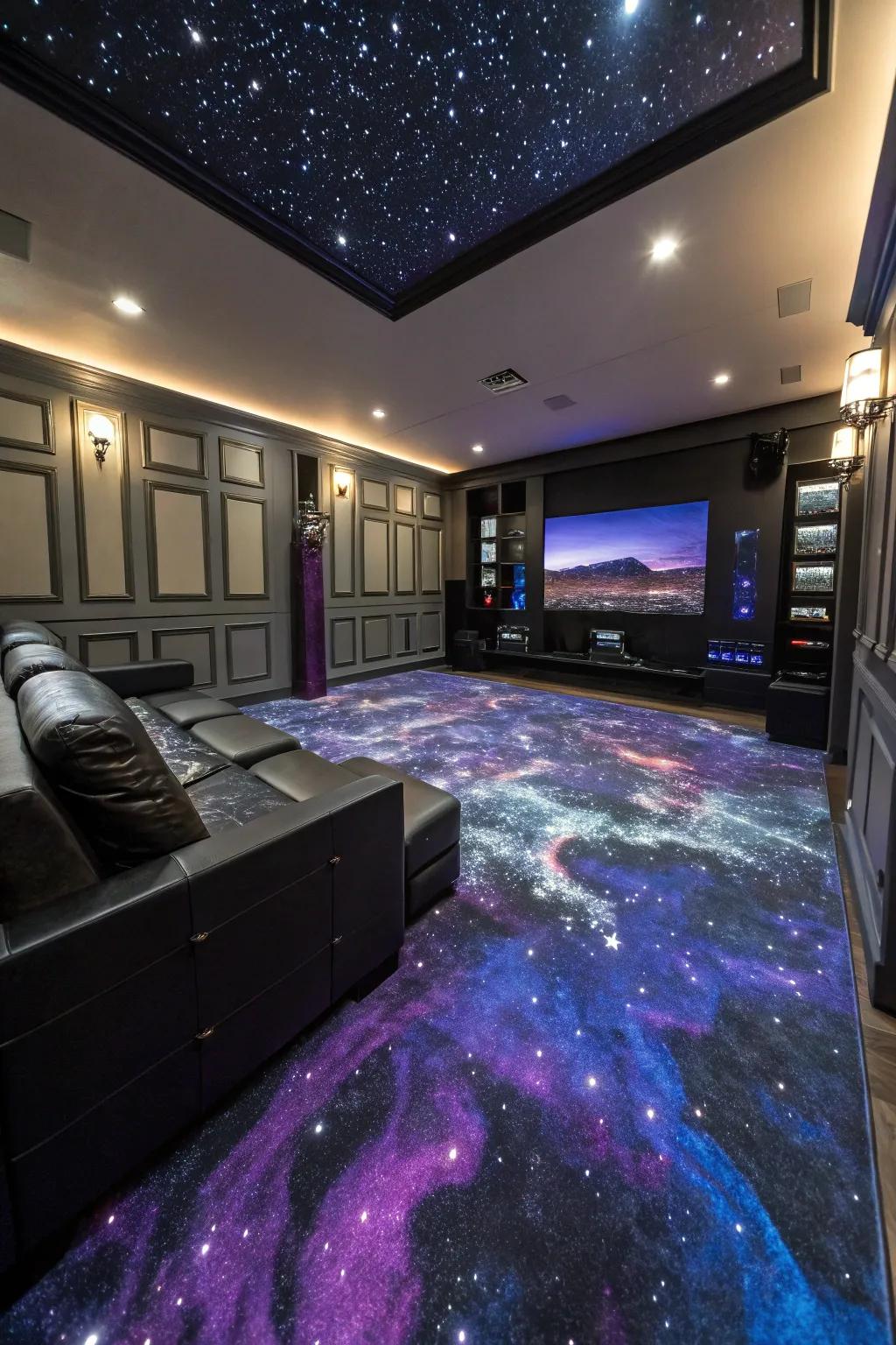 A futuristic home theater with a galaxy-themed epoxy floor.