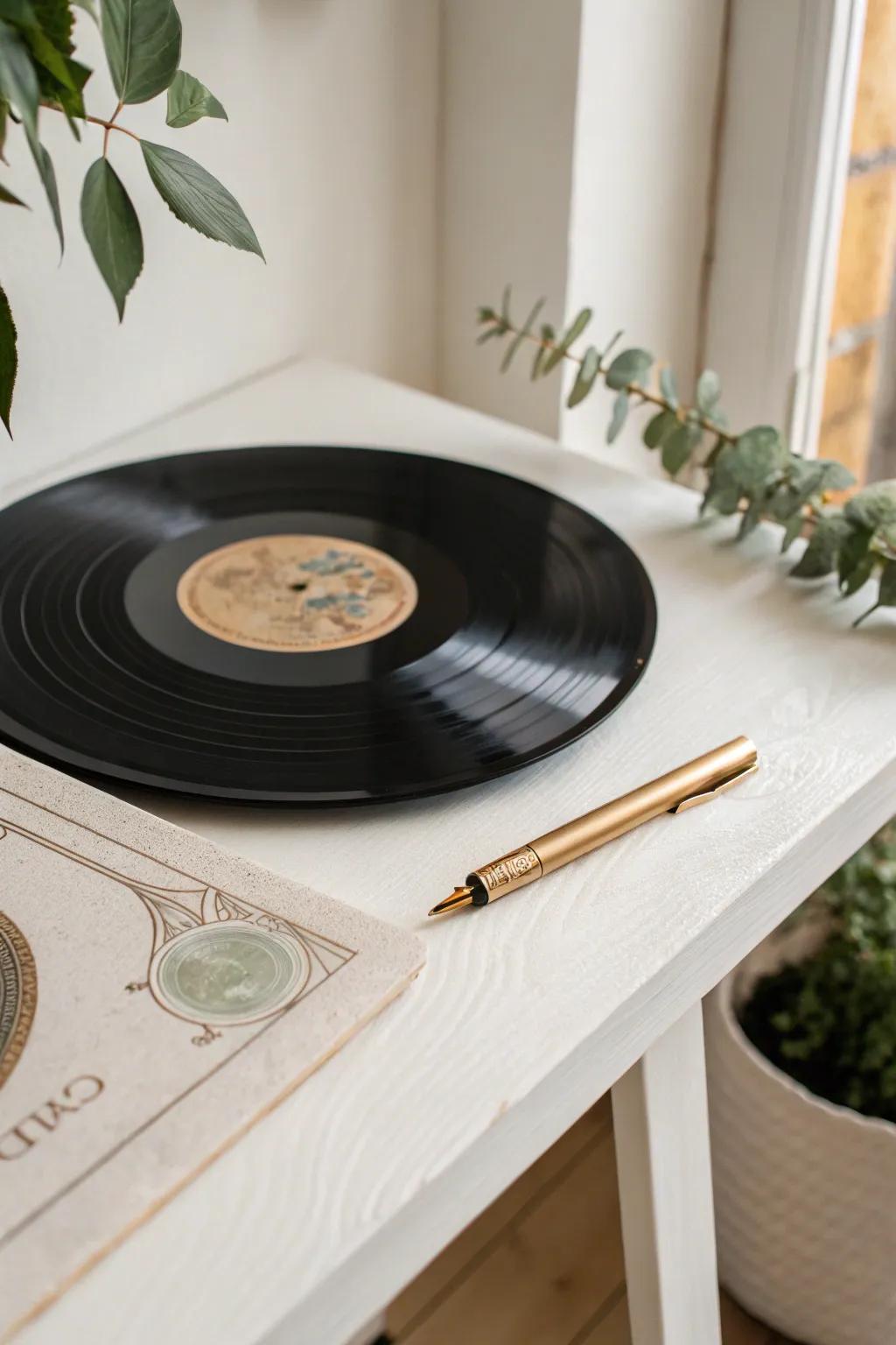 Capture the melodies of your love story with a vinyl guest book. Perfect for music-loving couples!