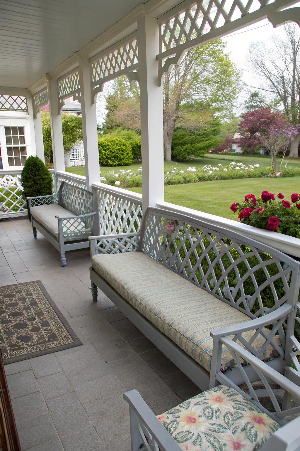 Maximize space with benches featuring lattice backs.