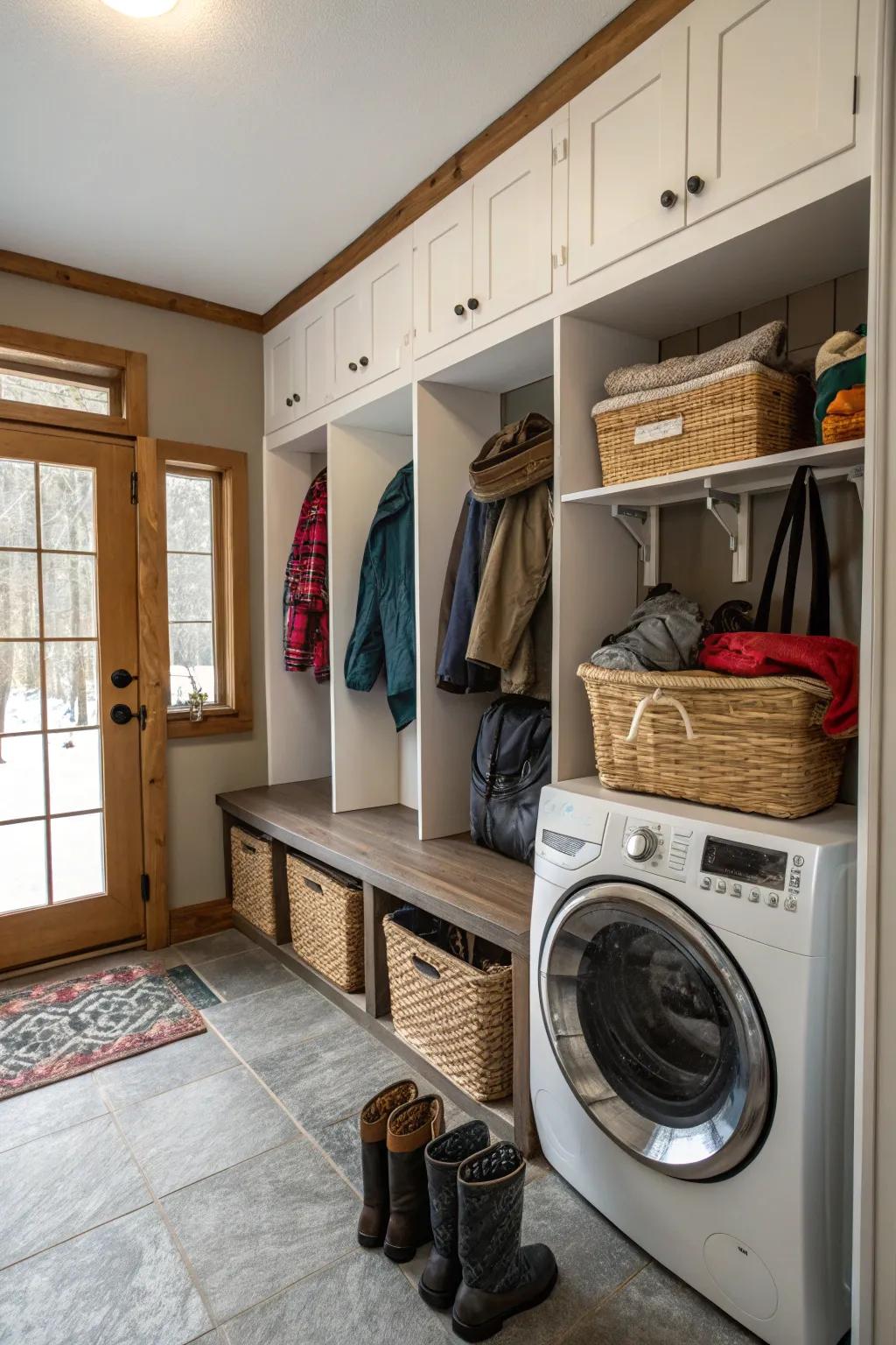 A dual-purpose mudroom with laundry facilities.