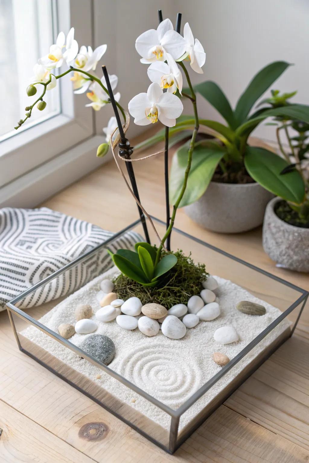 Find tranquility in your own miniature Zen garden with orchids and soothing sand patterns.