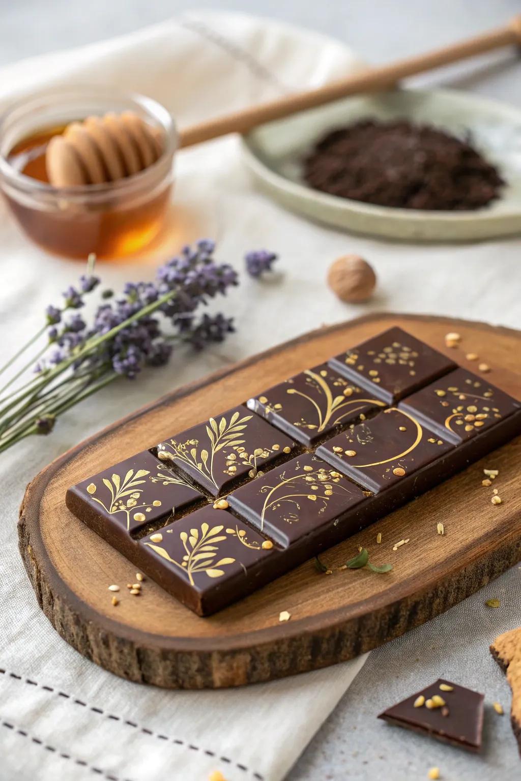 Delight in the unexpected with this exquisite honey-infused chocolate bar, a sweet surprise for your wedding guests.