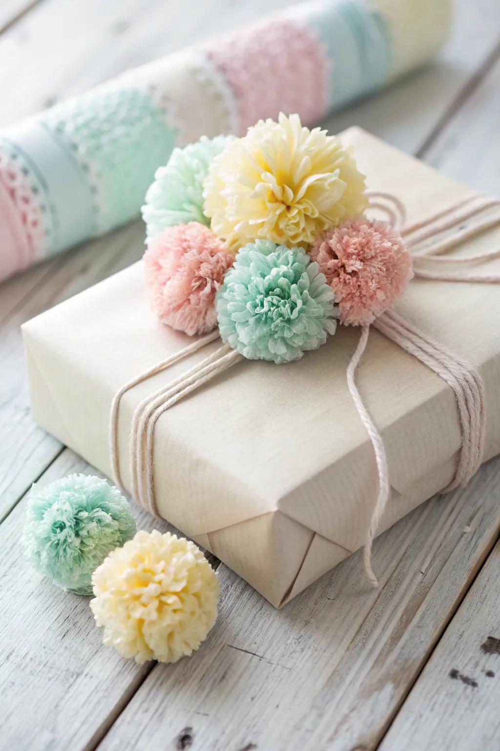 Add a playful twist to your gifts with charming pastel pom-poms.